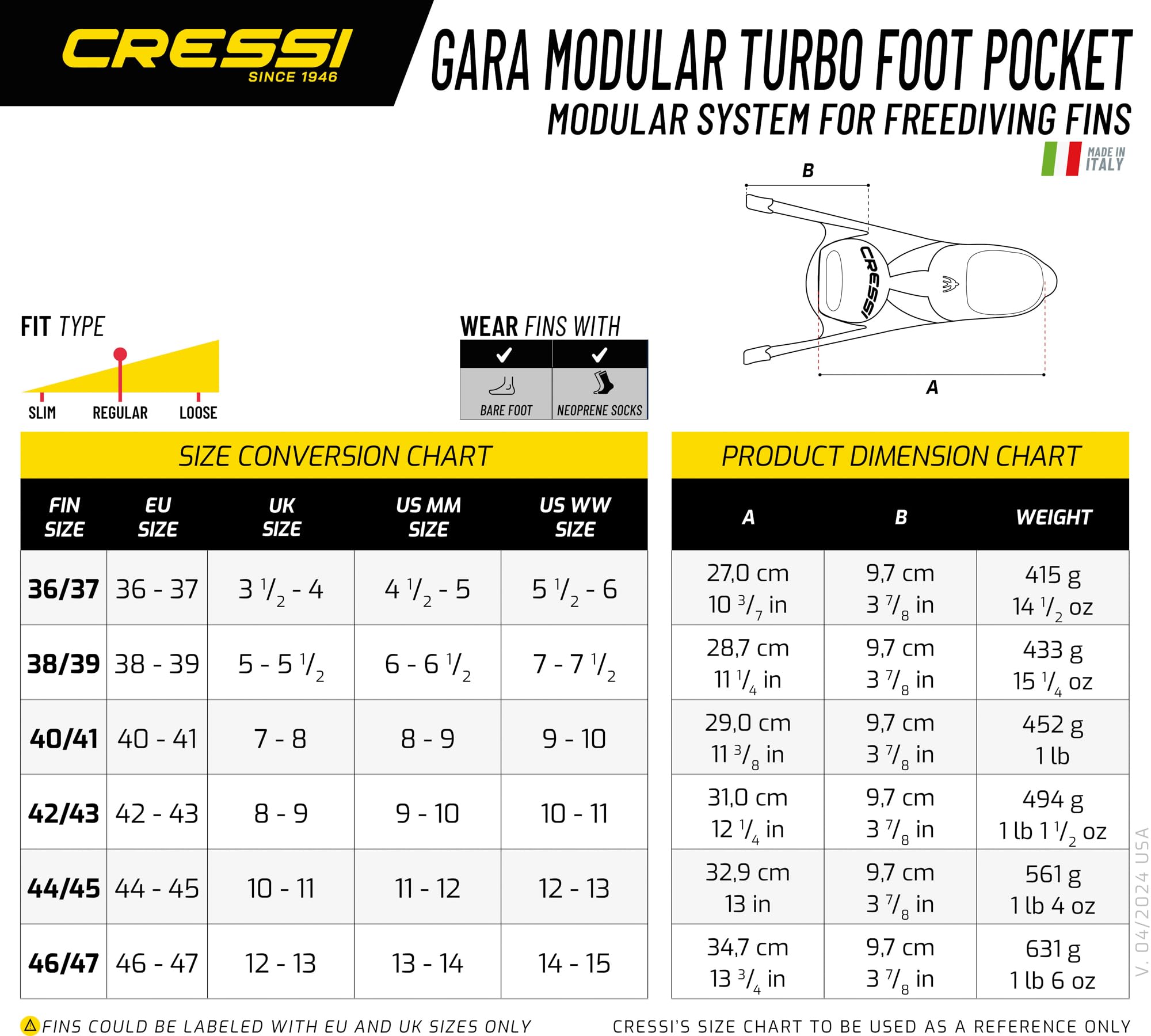 CRESSI Gara Turbo Flex Fins - Pinna Unisex Leggera Reattiva Performante con Sistema Modulare Gara a Pale Intercambiabili per Immersioni, Apnea, Pesca Sub, Snorkeling, Nero