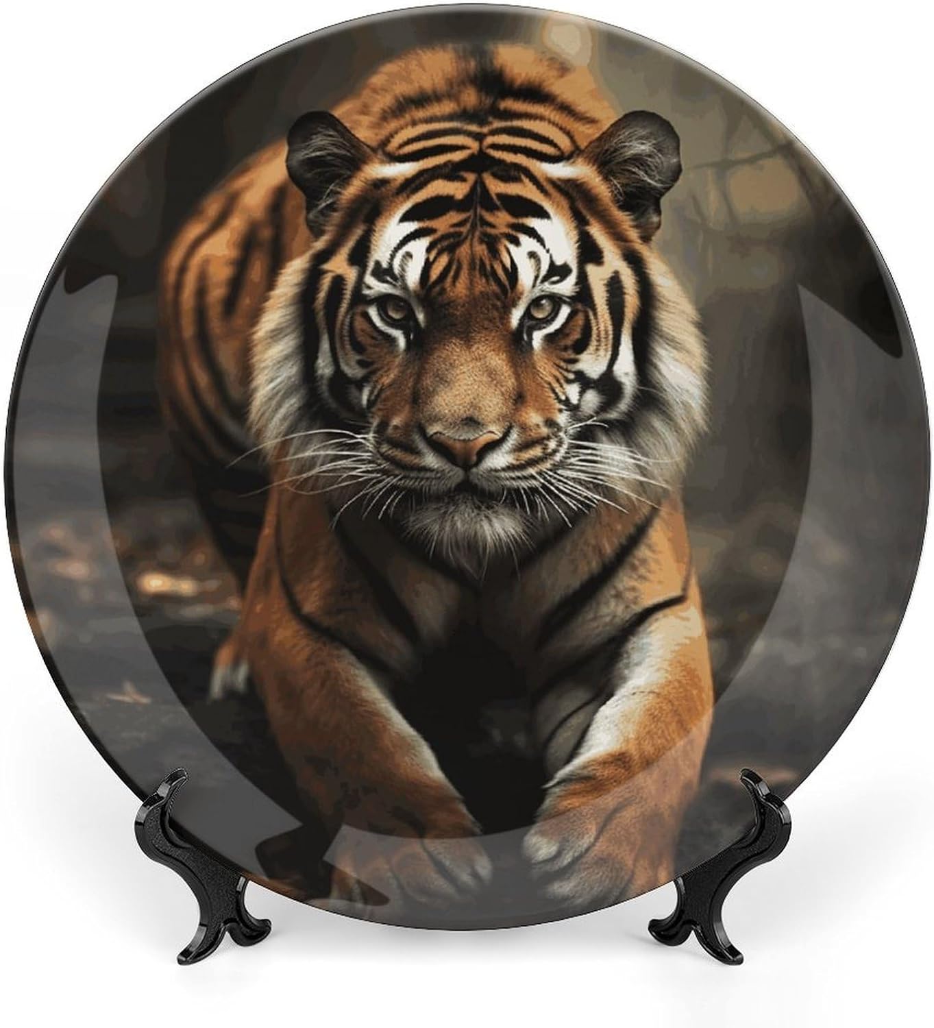 Wild Animals Tiger Bone China Decorative Plate with Display Stand, Ceramic Ornaments Plate for Wall Hanging, Personalized Porcelain Plates for Office, Living Room 8inch