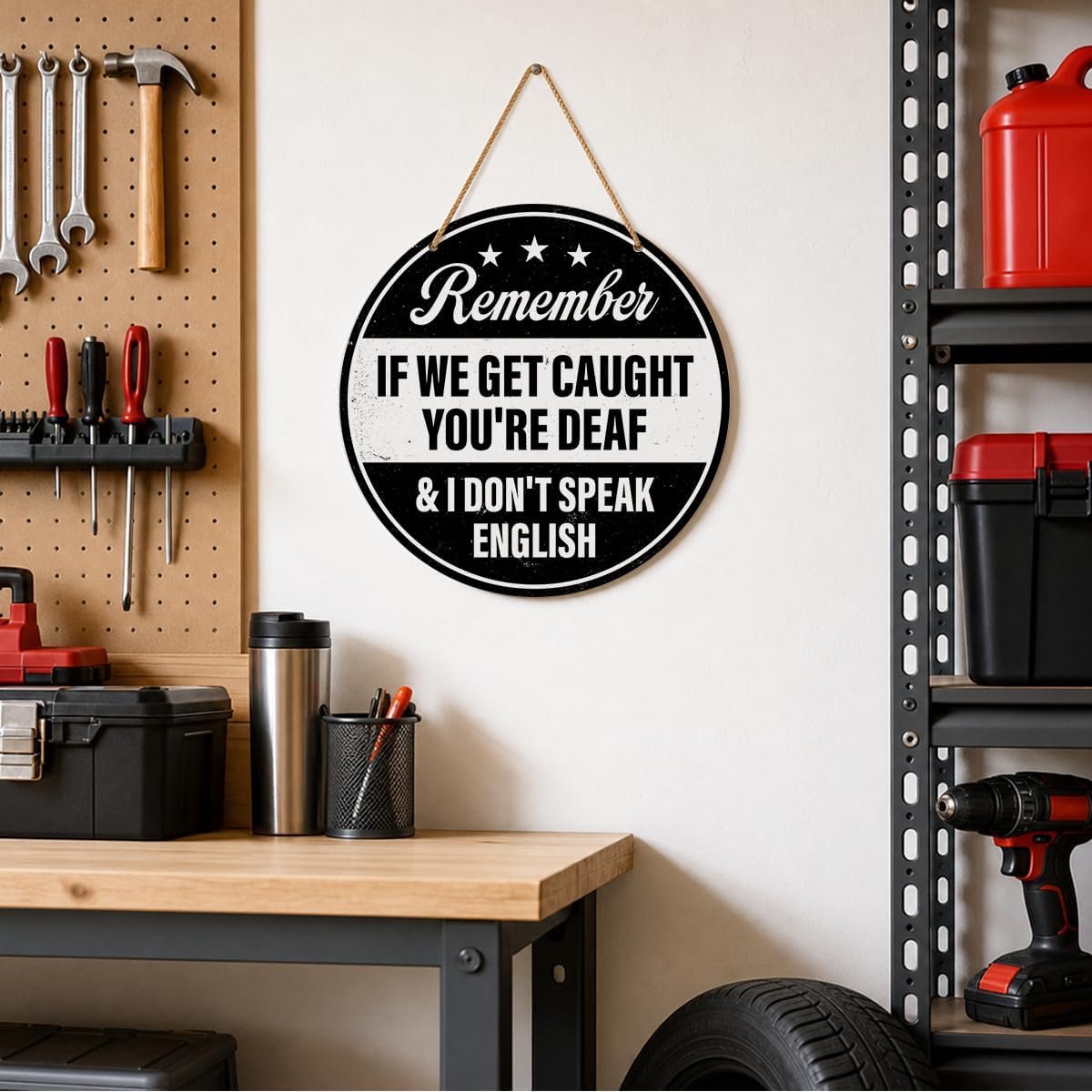 Funny Garage Wall Decor Signs for Workshop, Vintage Farmhouse Rustic Men Cave Home Office Basement Bar Hanging Sign Decoration, Gift for Mechanics Grandpa Dad Husband Men, Get Caught image 3