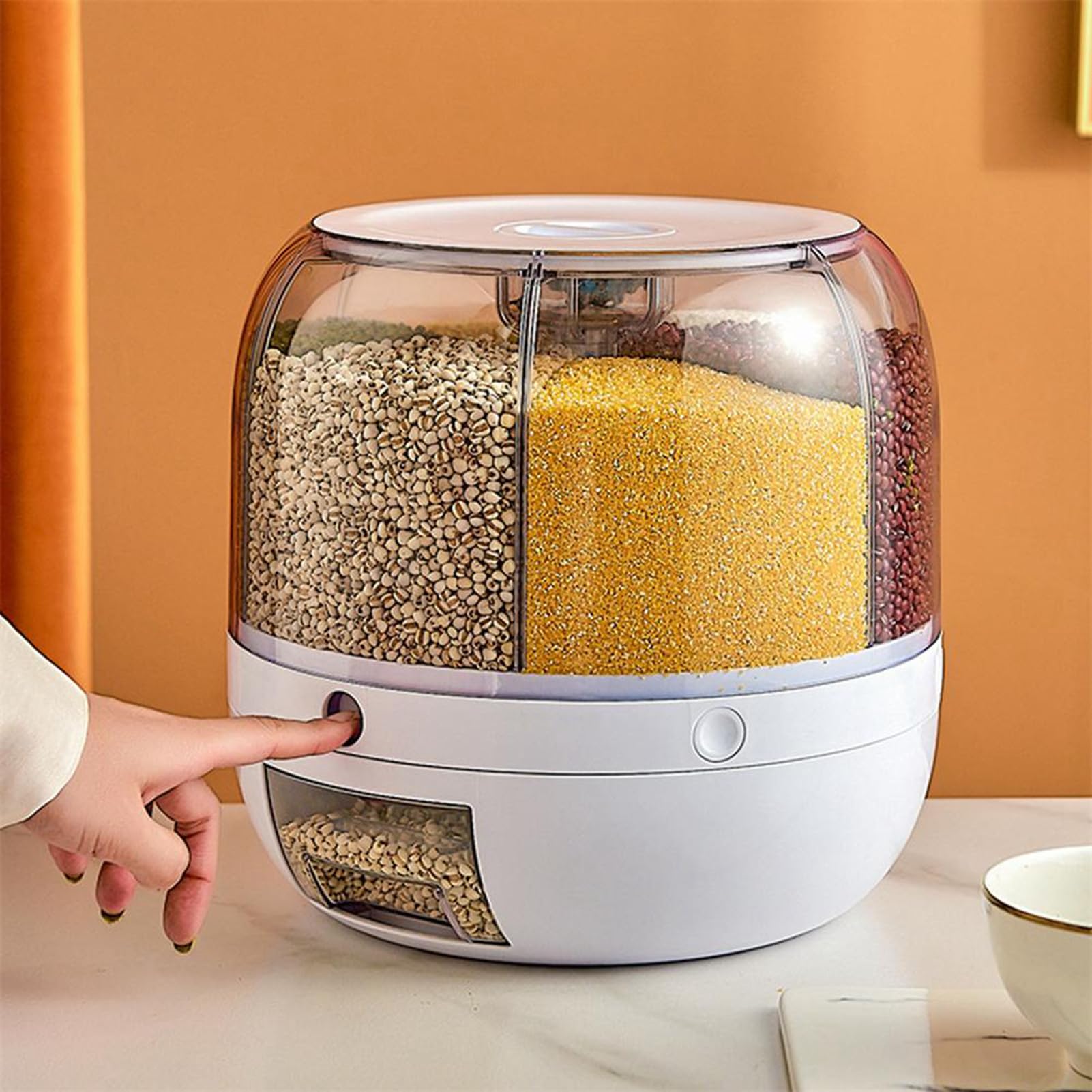 EMUKOEP Scatola per la Conservazione degli Alimenti per Cereali Sigillata e Girevole con Dispenser per Riso a 6 Griglie, Design Salvaspazio, Facile Rimozione del Coperchio Superiore, per