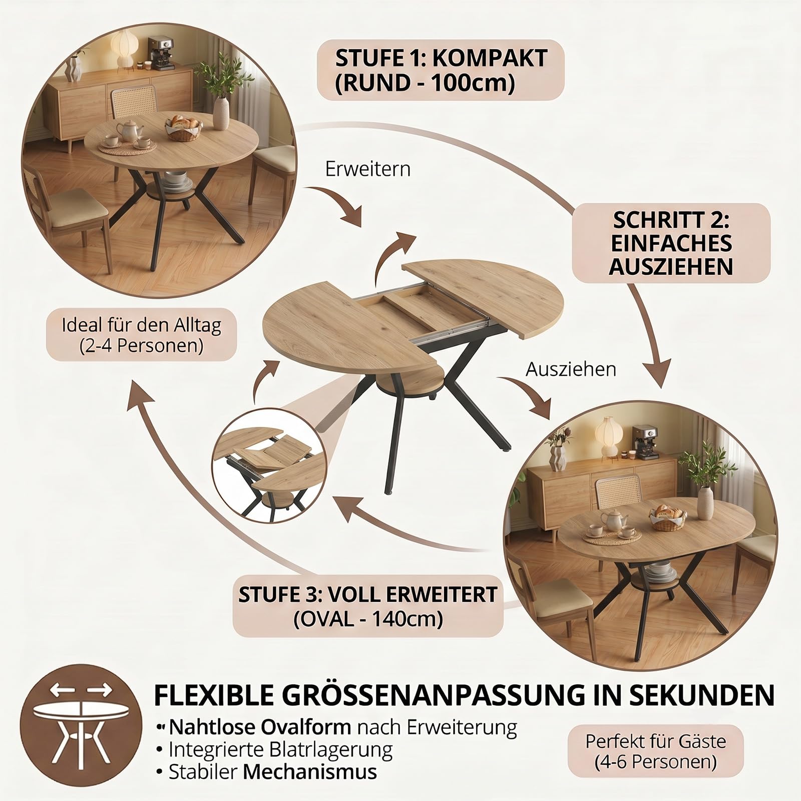 Esstisch Rund Ausziehbar, 100-140cm Rund Küchentisch Holz, Esszimmertisch Oval mit Teleskopfunktion, Wohnzimmertisch Erweiterbar mit Offenen Ablagen für Küche, Esszimmer und Wohnzimmer