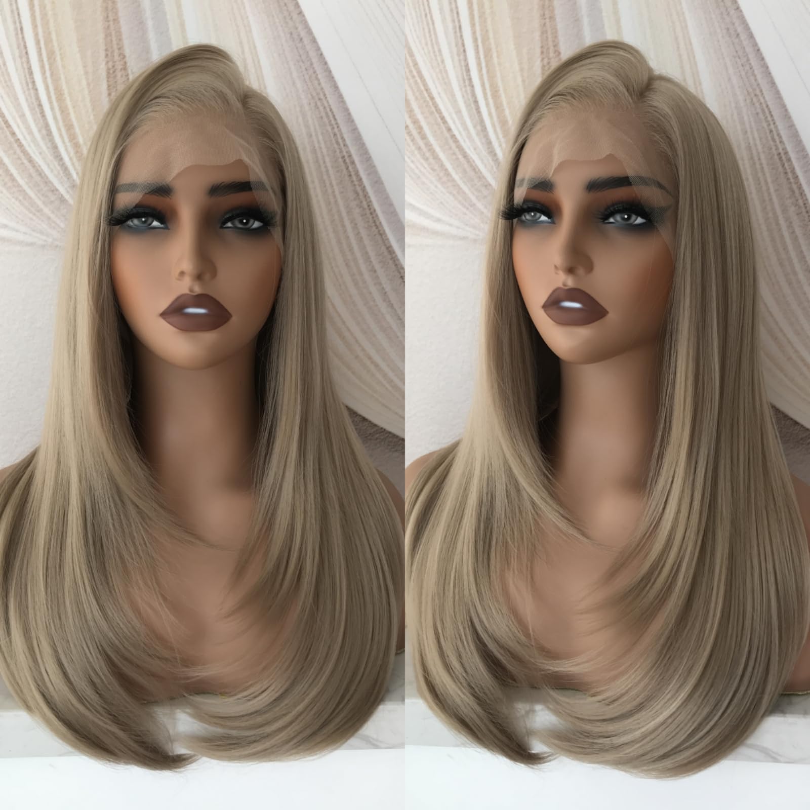 QDBOWIN QUEEN HAIR Ash Brown Layered Wig Pre Plucked Synthetic 13x6 Glueless Straight Lace Front Wig for Beginner Wear and Go 5D Arched Mesh Cap