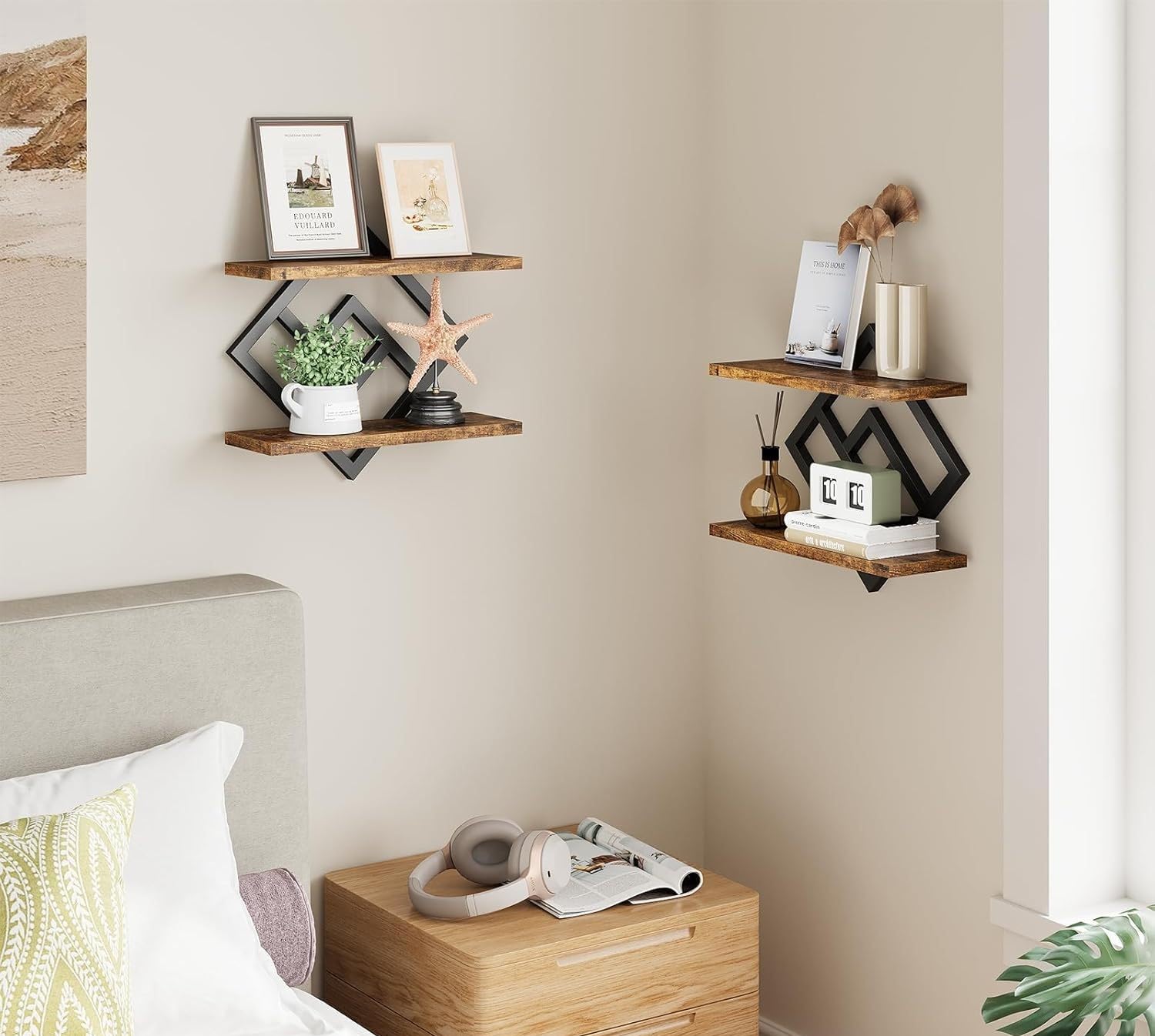 Lot de 2 étagères murales en bois et métal - Étagère flottante à 2 étages - Pour salon, chambre à coucher, cuisine, bureau - Noir (style B)