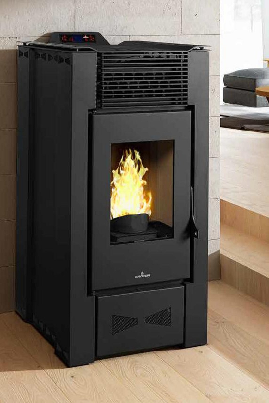 Estufa de Pellet 16Kw Negro Alta eficiencia Ventilación directa Montaje independiente para espacios hasta 400 sq metros