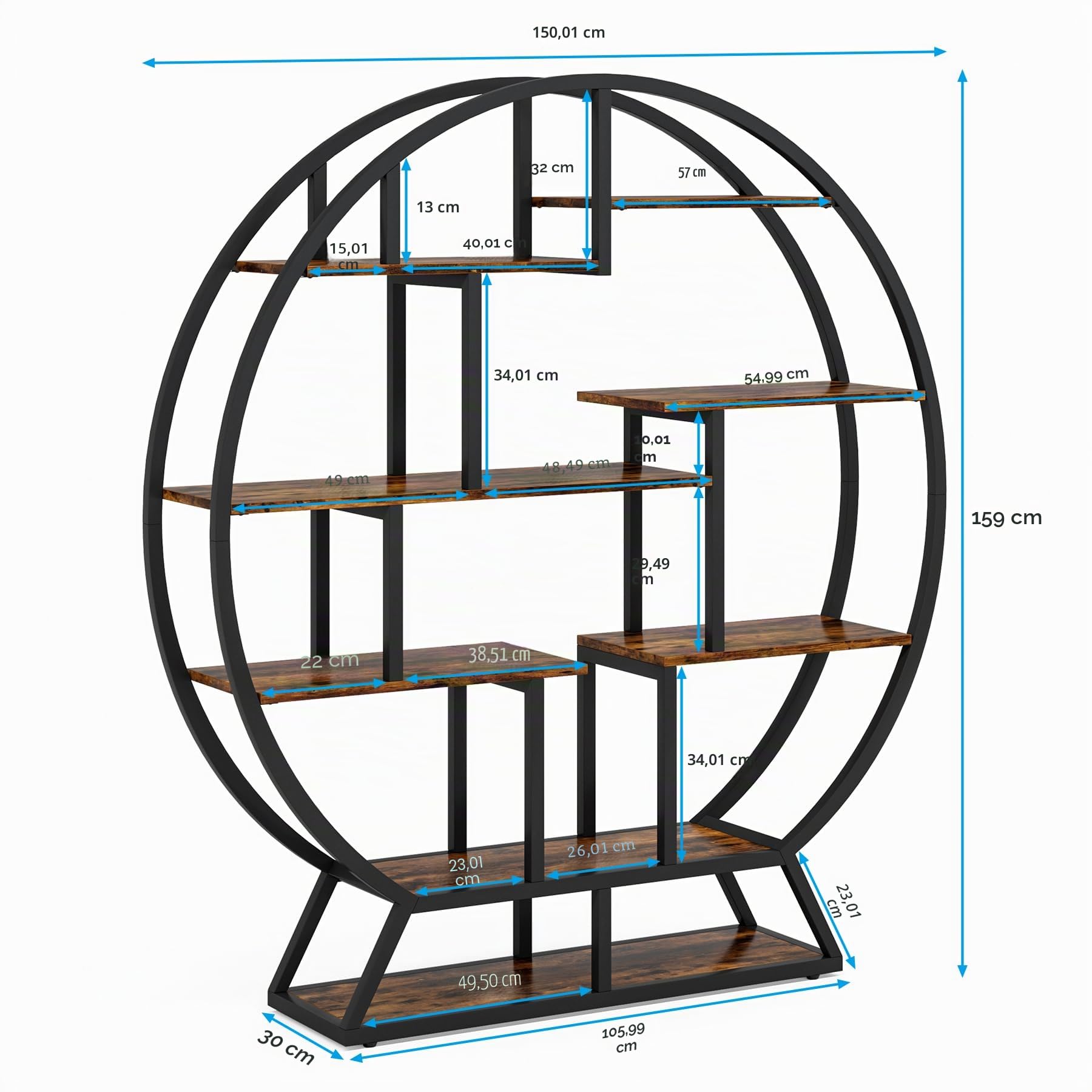 Tribesigns Rundes Bücherregal, Industrielles 5 Etagere-Bücherregal, 160 cm hohes, Rustikales offenes Regal, Organizer, Ausstellungsregal für Zuhause, Büro, Wohnzimmer, Rustikales Braun