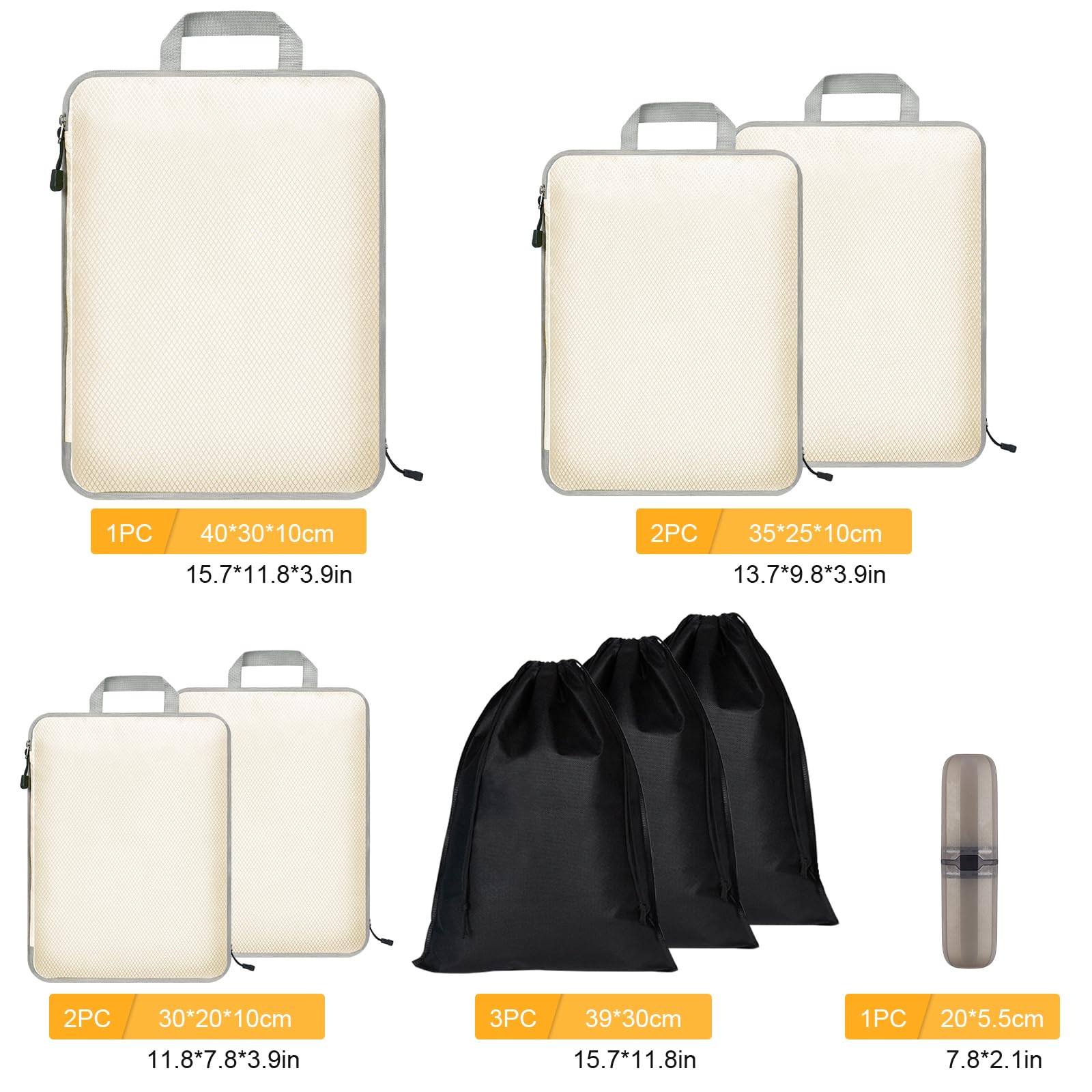 Eucomir Set di 9 Cubi Organizer Valigia da Viaggio, Sacchetti di Organizzatore Estensibile Salvaspazio,per Deposito per la Casa,Bianco
