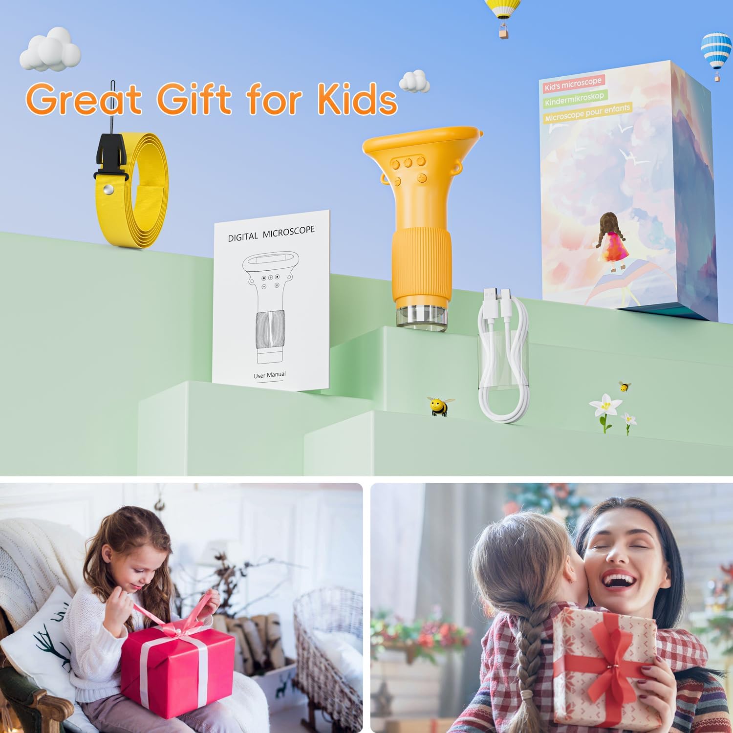 SGAINUL Microscopio Digital para Niños con Pantalla IPS de 2.0'', Recargable 1000x, Electrónico con 8 Luces LED - Regalo para Cumpleaños/Navidad/Año Nuevo（Naranja）