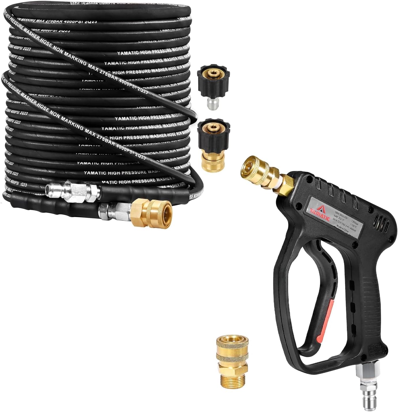 YAMATIC Pressure Washer Short Gun 5000 PSI and Kink Resistant Pressure Washer Hose 1/4" 100FT, Wear Resistant 4000PSI Power Washer Hose, Steel Wire Braided Hot & Cold Water Replacement Extension Hose