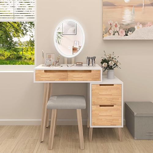 Miniatura 4 de YOURLITE Escritorio de tocador de maquillaje con luces, tocador pequeño con 4 cajones para espacios pequeños, juego de mesa de tocador con espejo de