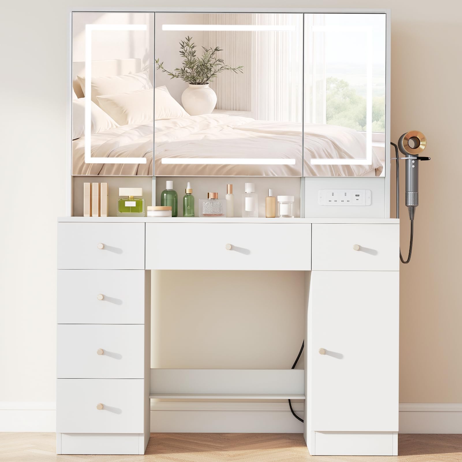 Fulasofia Dressing Table with 3 Hidden Mirror Cabinets and Power Outlets, Vanity Desk with LED Mirror, Hairdryer Holder, 6 Drawers and 1 Large Cabinet for Bedroom, White