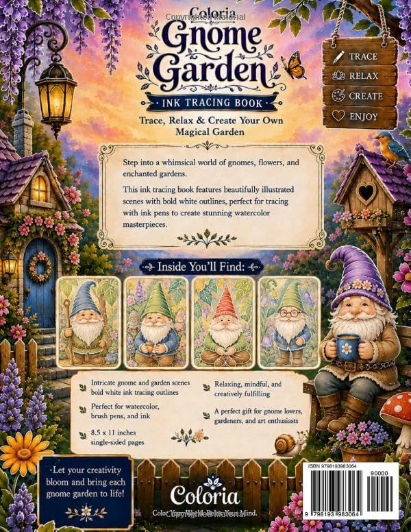 Coloria-Ink Tracing Book: Trace Whimsical Gnome Gardens, Enchanted Cottages, Magical Mushrooms, Flower-Filled Paths & Charming Nature Scenes for ... Adults & Teen | A Unique Gift for Christmas image 3