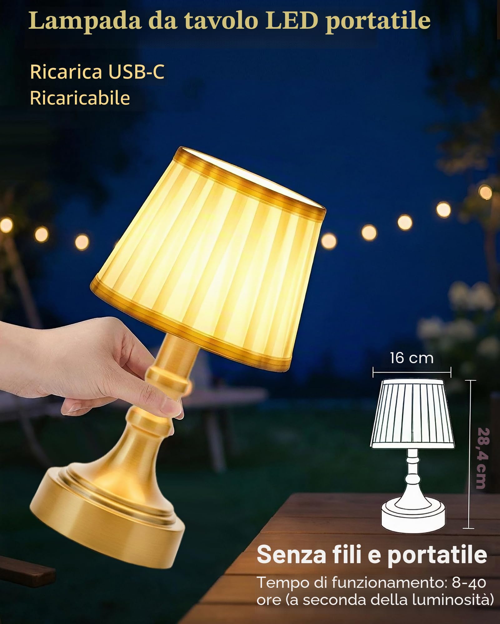 ACMHNC Lampada Tavolo Ricaricabile Dorata, Dimmerabile Touch, 2700K | Lampada da Comodino Senza Fili 4000 mAh, Paralume in Tessuto, Retrò per Camera, Soggiorno, Terrazza, Ristorante