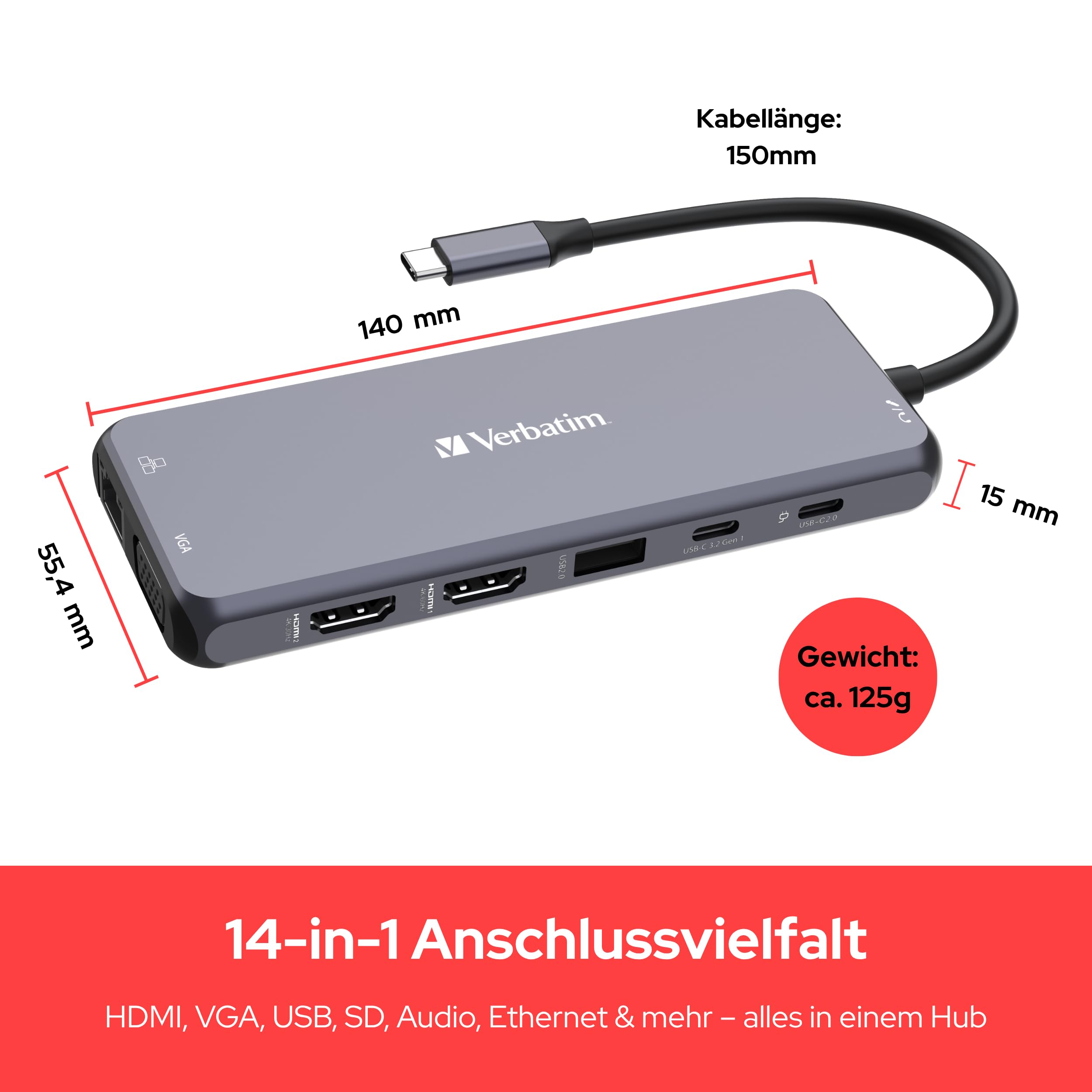 Verbatim USB-C 14-in-1 Multiport Adapter mit HDMI VGA RJ45 USB-C PD SD | Hub mit HDMI, VGA, RJ45, USB-C PD, USB-A und SD-Kartenleser für Laptop, MacBook, Tablet und Büro