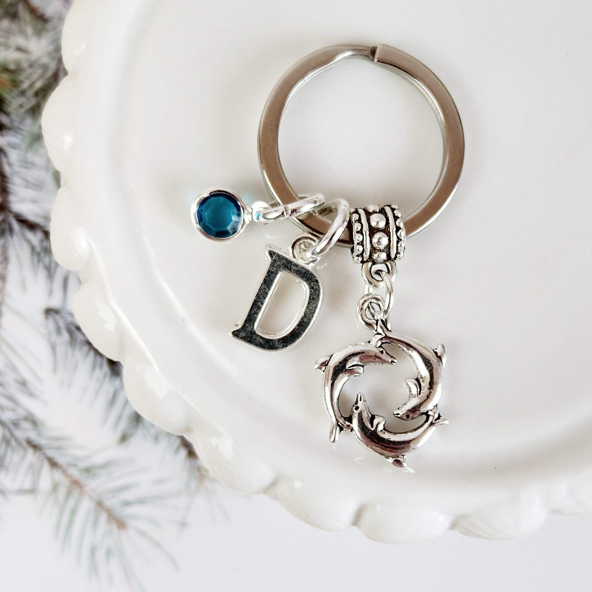 Dolphin keyring, personalised gifts, ocean sea keychain, birthstone initial