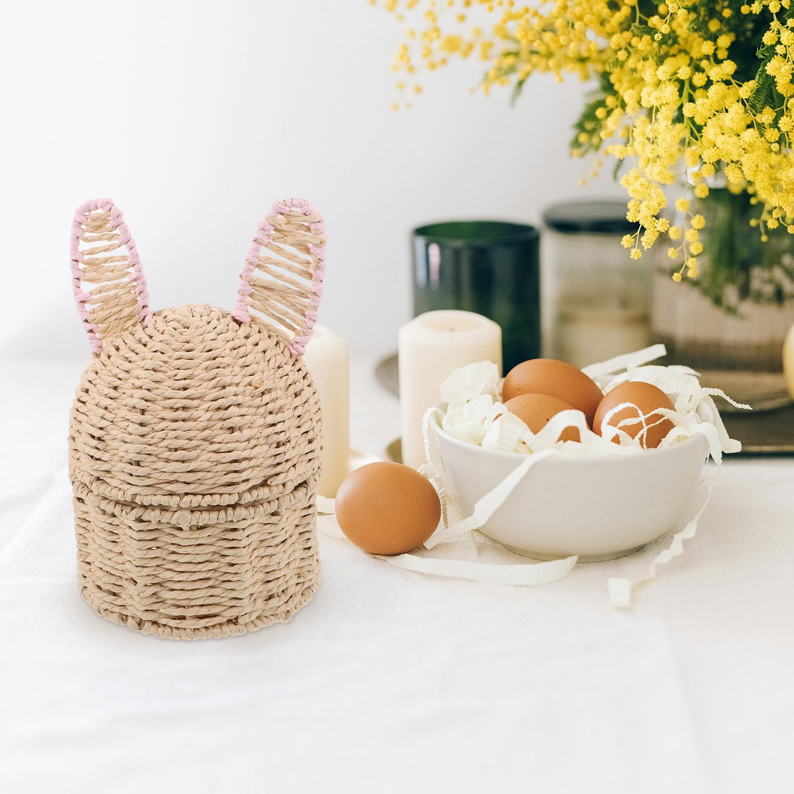 BESTonZON Cestino pasquale con orecchie da coniglio: cestini fatti a mano con coperchio per uova di caramelle in corda di carta per bambini, grazioso cesto da picnic a forma di coniglio per conservare