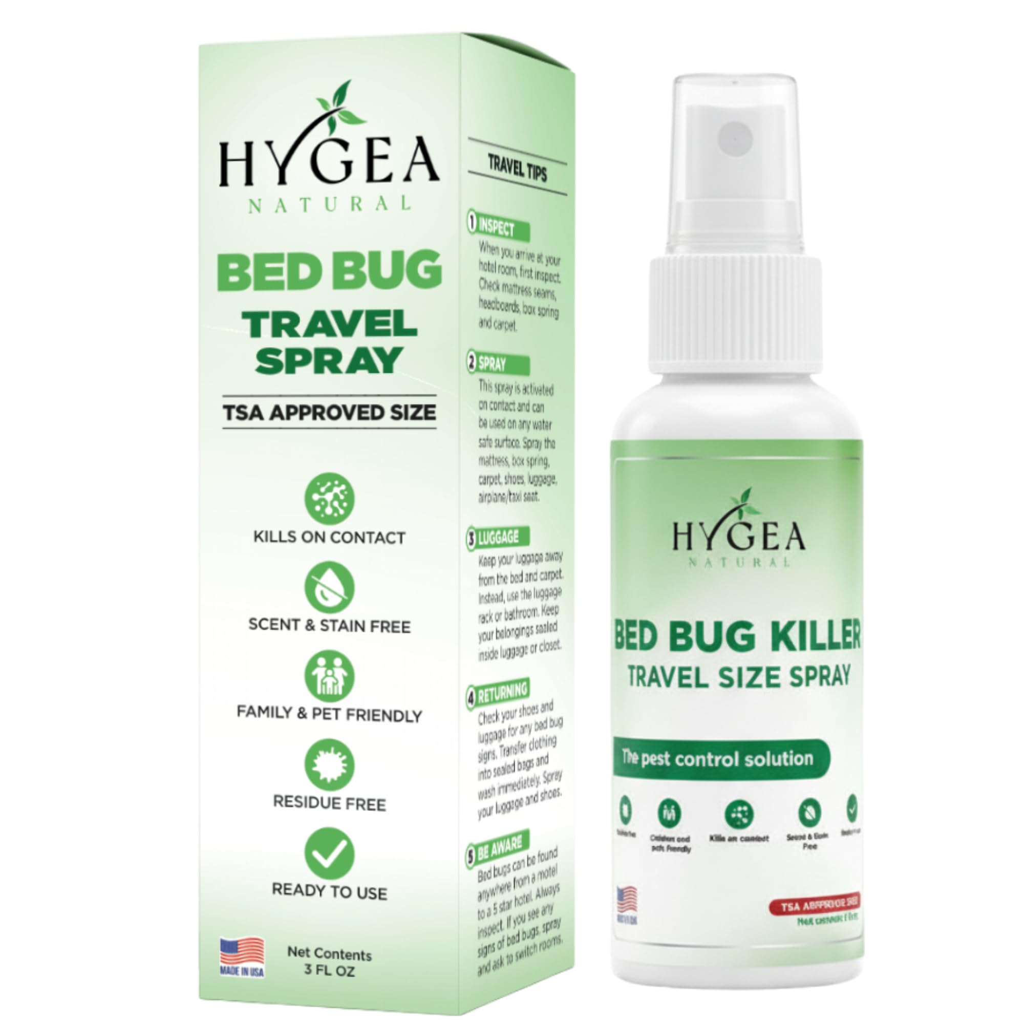 Hygea Natural Lice, Mite, and Bed Bug Killer Travel Spray - TSA Approved Size – Child & Pet Friendly – Immediate Results – Stain & Odor Free, for Hotels, Suitcase, Backpack, Shoes, Bed Bug Spray(3oz)