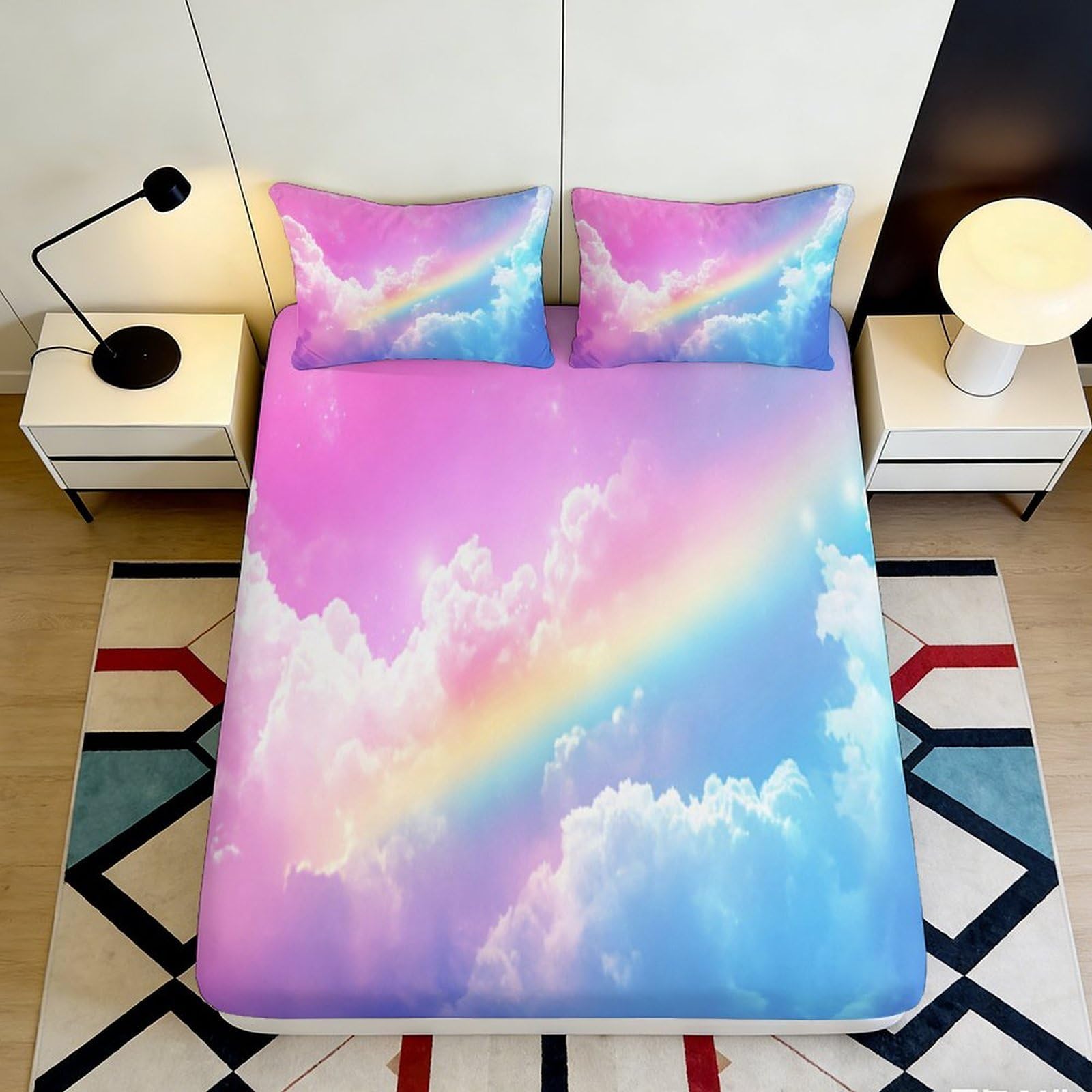 3D Printed Rainbow Cloud Fitted Sheet Microfiber Anti-Slip Bed Cover Pastel Sky Mattress Protection for Bedroom Dorm Decor 180x200x25cm