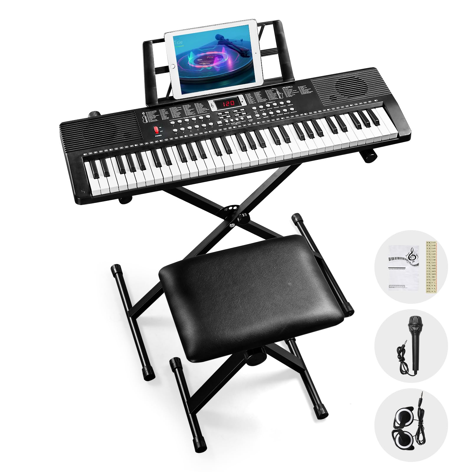 Bonnlo 61-Tasten Keyboard Set mit Ständer, Hocker, Kopfhörer & LED-Display mit eingebauten Lautsprechern – 3 Lernmodi, 200 Klänge, 200 Rhythmen, für Anfänger & Fortgeschrittene, Schwarz