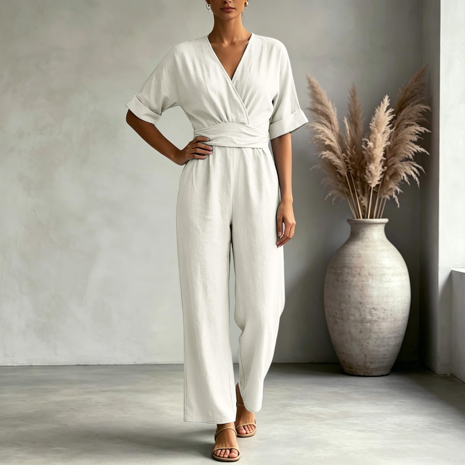 Genérico Mono Elegante De Verano Para Mujer, Pierna Ancha Con Cuello En V, Estilo Ejecutivo Versátil, Ideal Para Bodas, Recepciones Y Uso Diario, También Perfecto Pantalones De