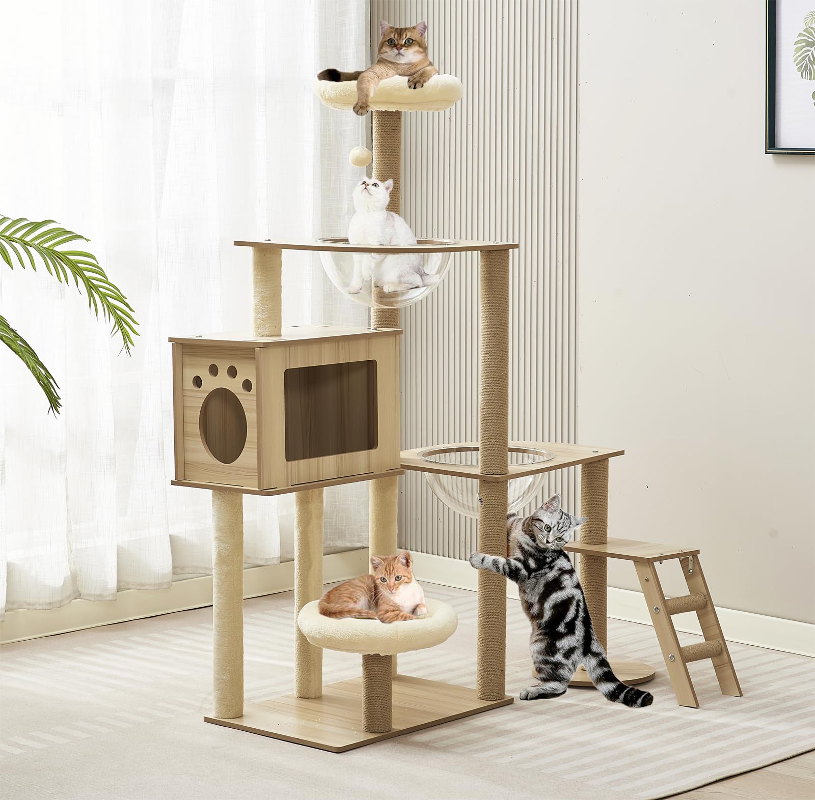 Rascador de Madera de 135 cm, Grande, Estable, Moderno, con condominio, Escalera, Cuenco, árbol rascador Grande