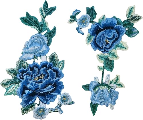 2 piezas de parche de flores de peonía azul, parche floral bordado para ropa de bricolaje, jeans, manualidades de costura