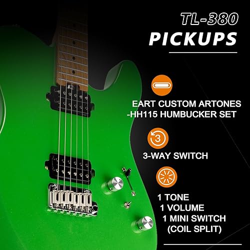 Miniatura 3 de EART TL-380 Guitarra eléctrica profesional para jugadores versátiles Cuello y diapasón de arce tostado, humbuckers con bobina, trastes de acero