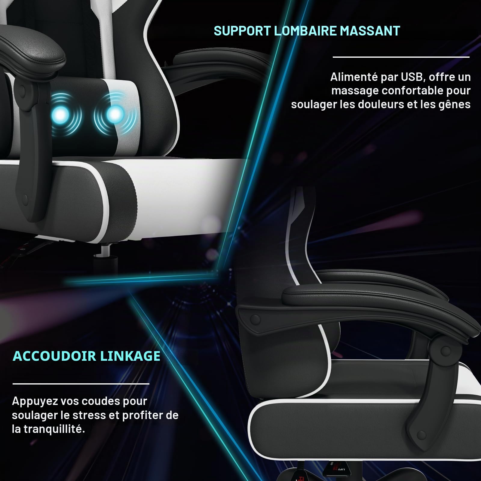 JUMMICO Jetstream Fauteuil De Bureau, Chaise Gaming Ergonomique avec Repose-Pieds, Chaise De Jeu avec Fonction De Massage, Chaise De Bureau À Élévation Pneumatique, 150 Kg, Blanc