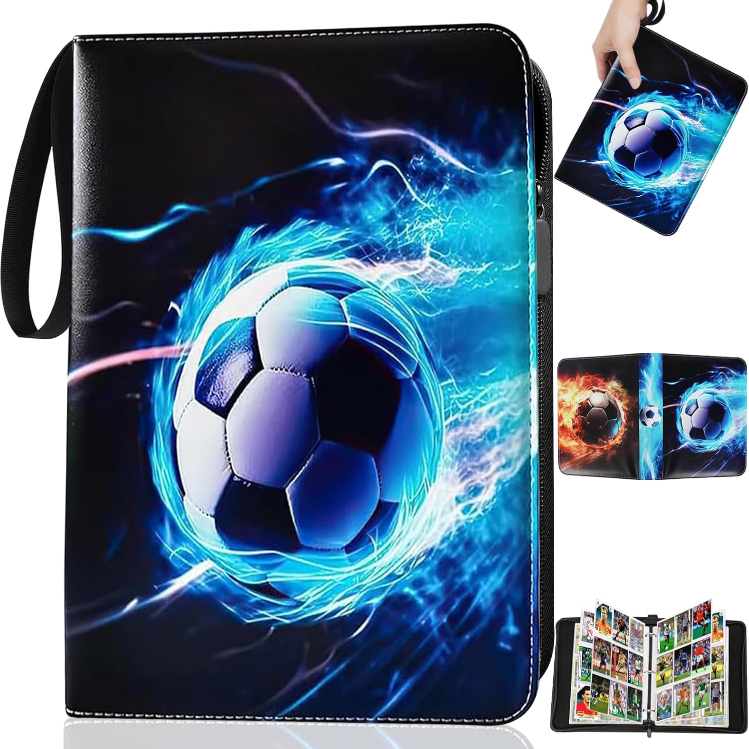 Abiemuce Fussball Karten Sammelalbum, 9 Fächer 50 Pcs Seite Sammelkarten Album für bis zu 900 Karten, Tragbarer Wasserdicht PU Leder Reißverschluss Sammelalbum Fußball Karten zum Sammeln und Tauschen