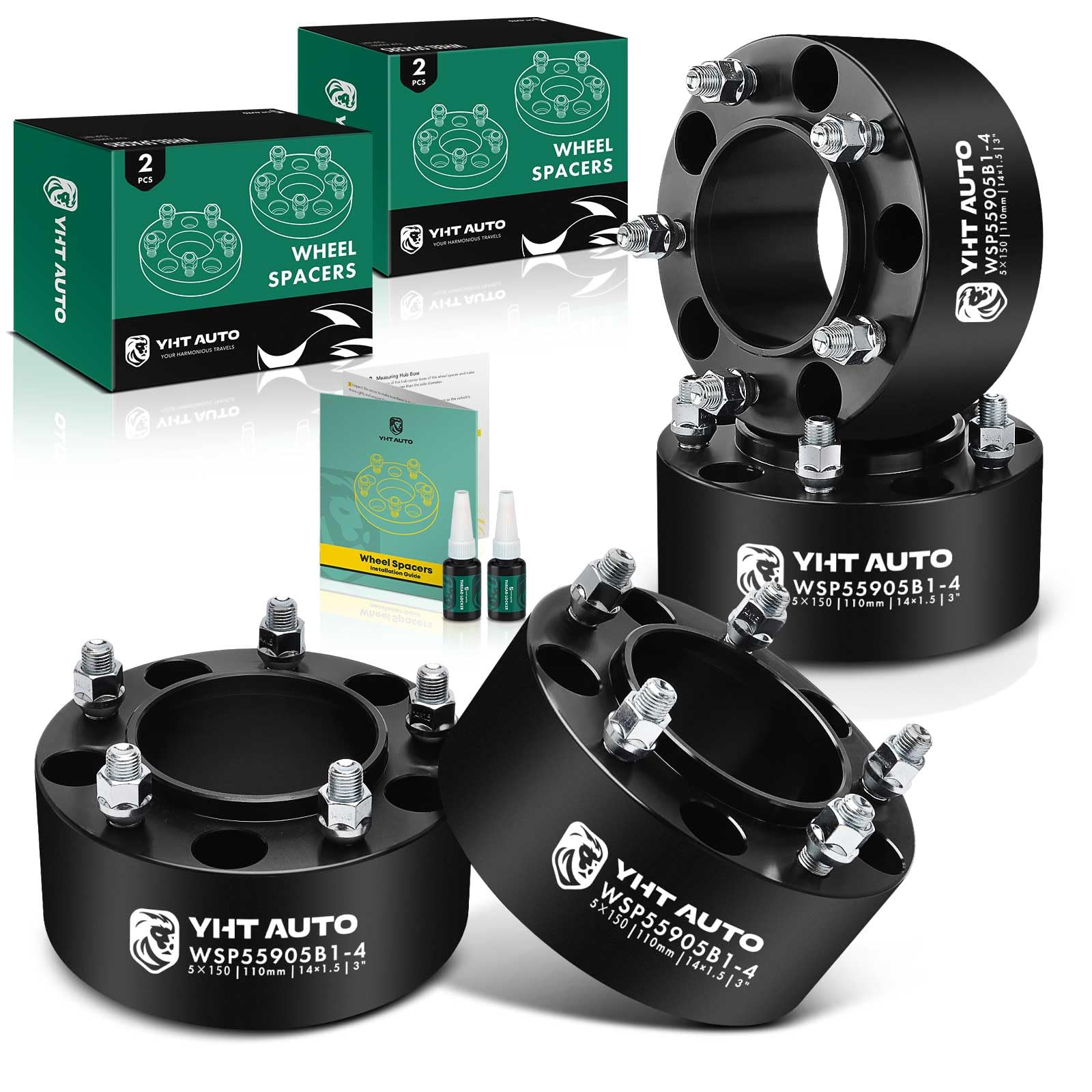 YHTAUTO 5x150mm Hub Centric Wheel Spacers 3 inch Fits Tundra 2007-2021, Sequoia 2008-2022, Land Cruiser 1998-2011 2013-2021, LX470, LX570 5 Lug Tire Spacers w/ M14x1.5 Studs, 110mm Hub Bore 4PCS Black