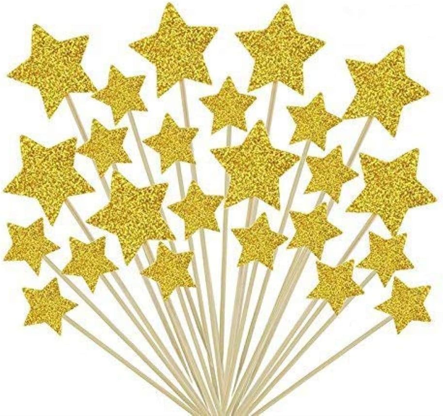 Cake Decoration, 50 Pack of Cupcake Toppers with Star for Weddings, Birthdays, Parties, Fruit Picks Food Chopsticks 9.2 cm Gold