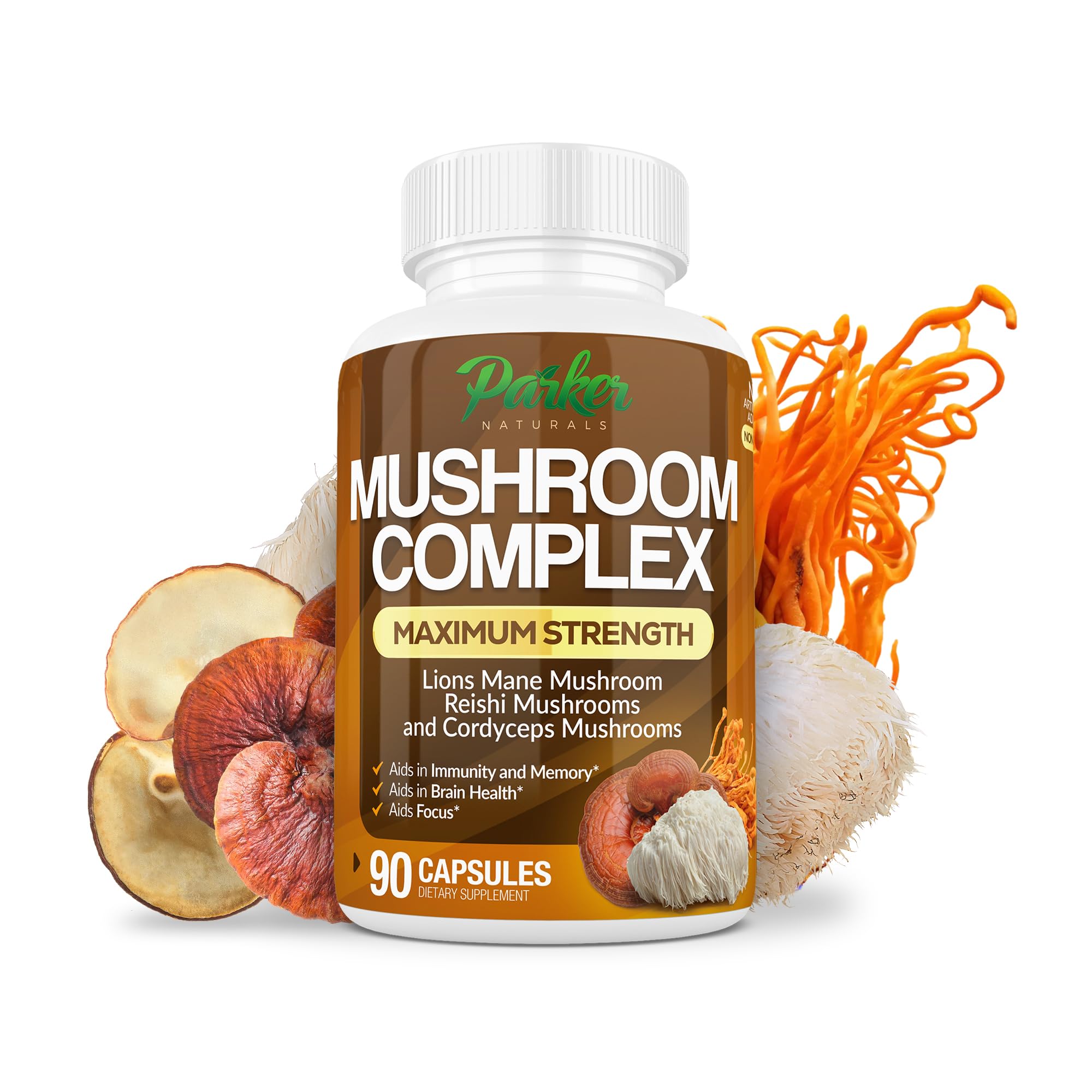 Parker Naturals Suplemento de Cogumelos em Cápsulas com Juba-de-Leão, Cordyceps e Reishi, 90 cápsulas