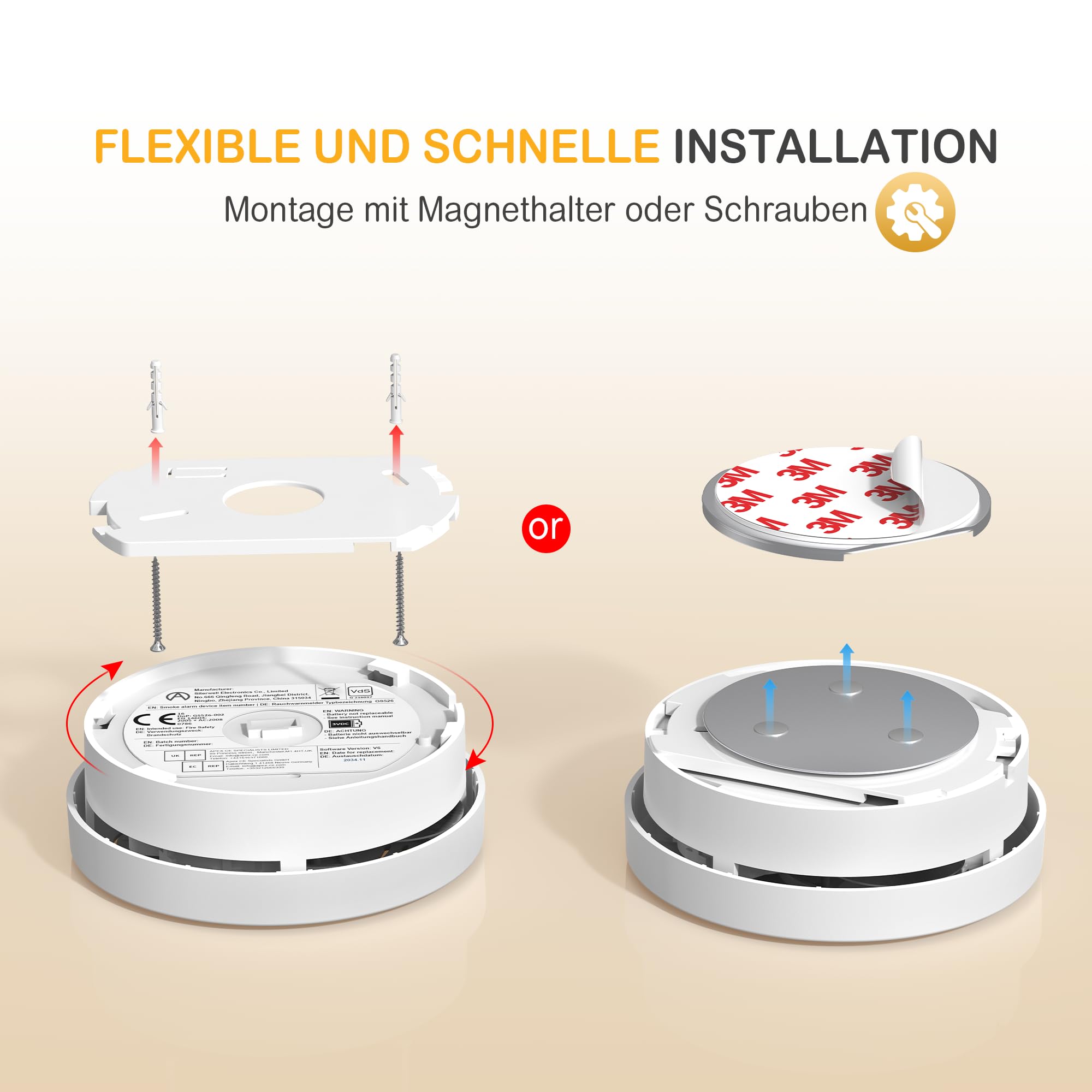 Rauchmelder mit Magnethalterung, 10 Jahres Langzeit Batterie Feueralarm mit Fotoelektrischem Sensor EN 14604 Stummschaltung Rauchwarnmelder, GS526