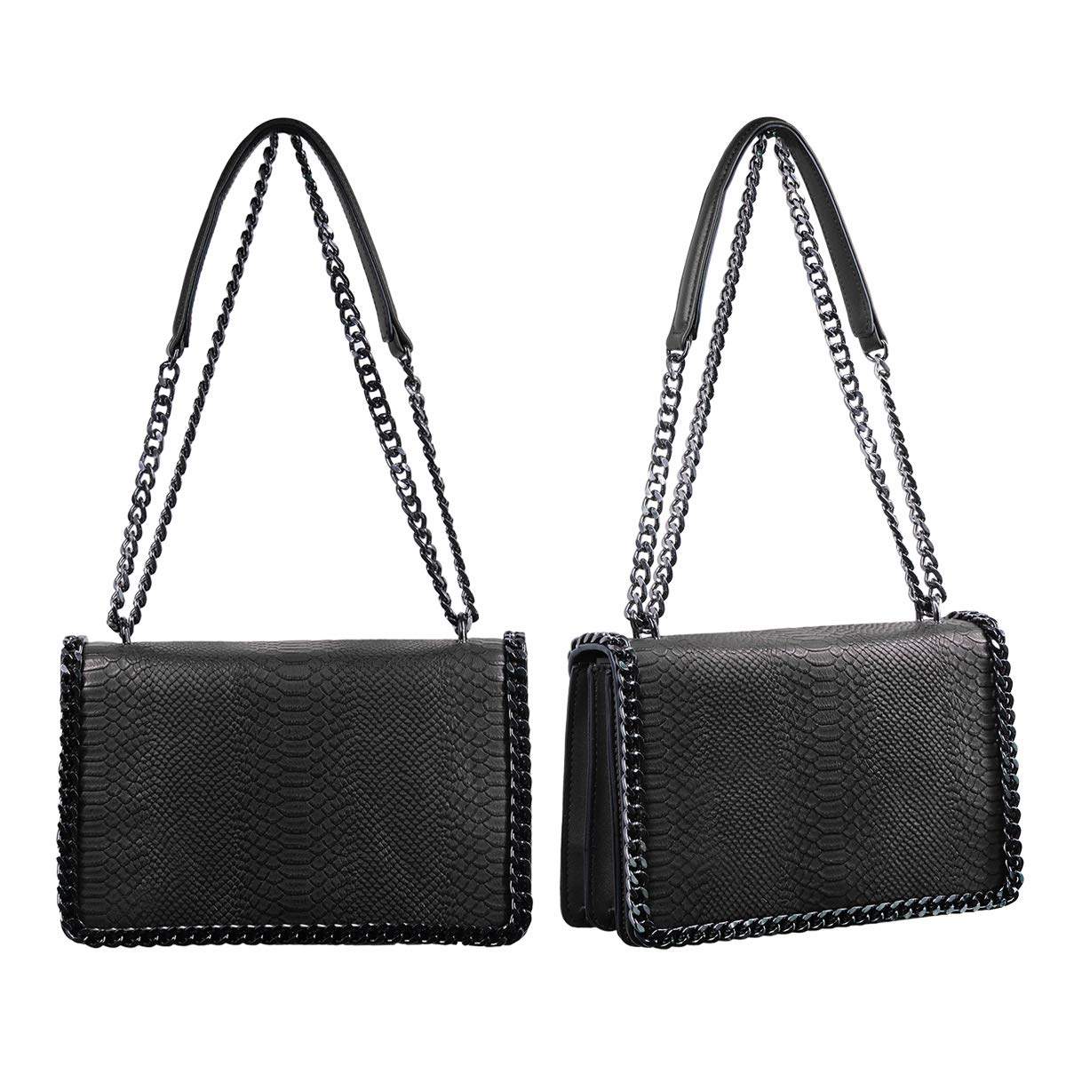 CRAZYCHIC - Damen Kette Umhängetasche - Schlange Leder Gesteppte Klappe Schultertasche - Python Steppmuster Abendtasche Pochette Kettentasche - Frauen Modische Handtasche Trendy Tasche - Schwarz