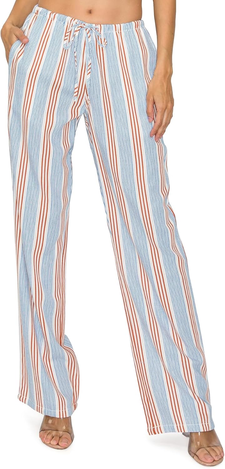 Cali1850 Women's Printed Linen Pants - 30" Inseam Drawstring Elastic Waist Casual Pull On Beach Lounge Trousers with Pockets