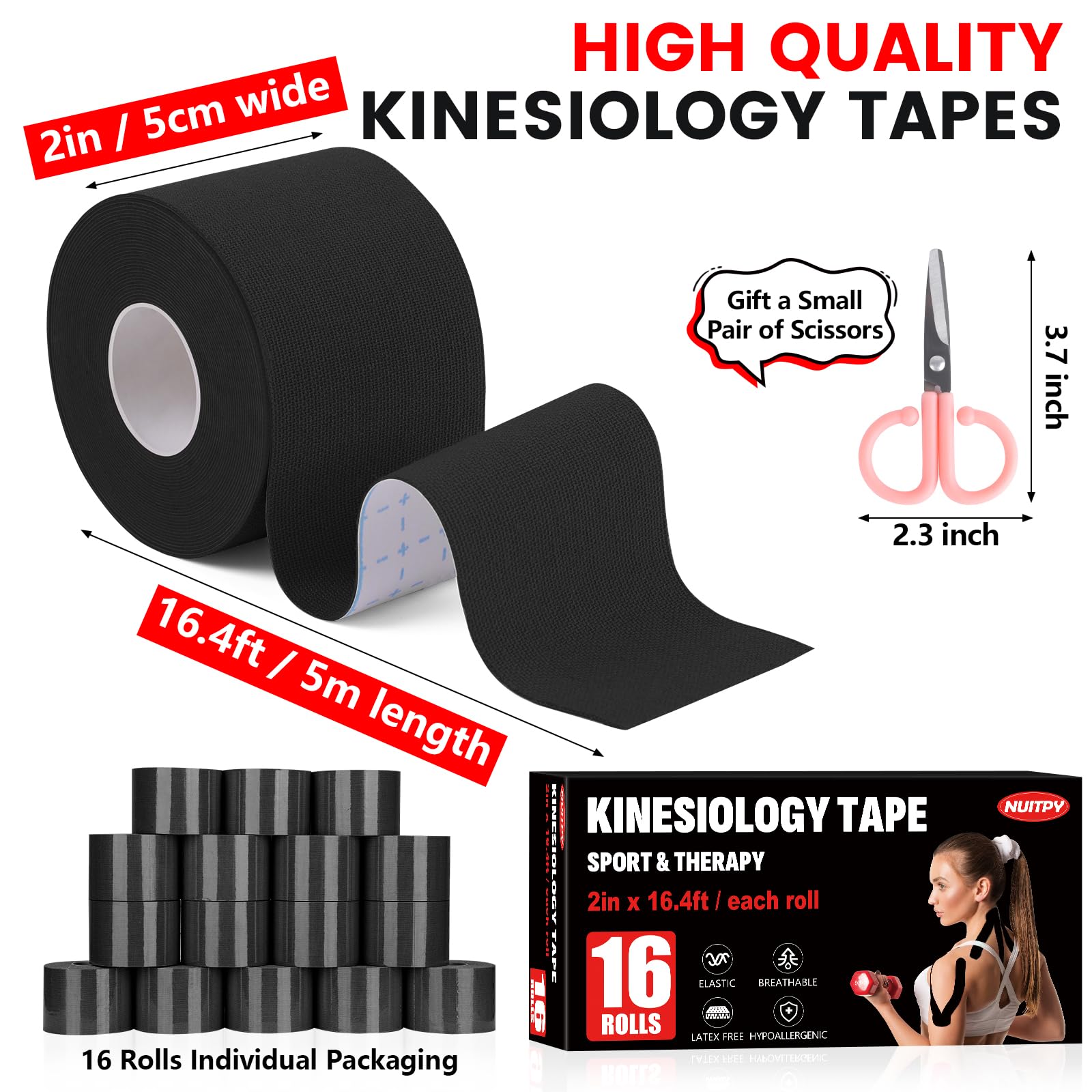 16 Rolls Kinesiology Tape, 2 inch x 16.4 Feet Waterproof Athletic Tape, Uncut Kinetic Tape, Elastic Muscle Tape, Sports Tape, Knee Tape for Exercise and Daily Use - Black
