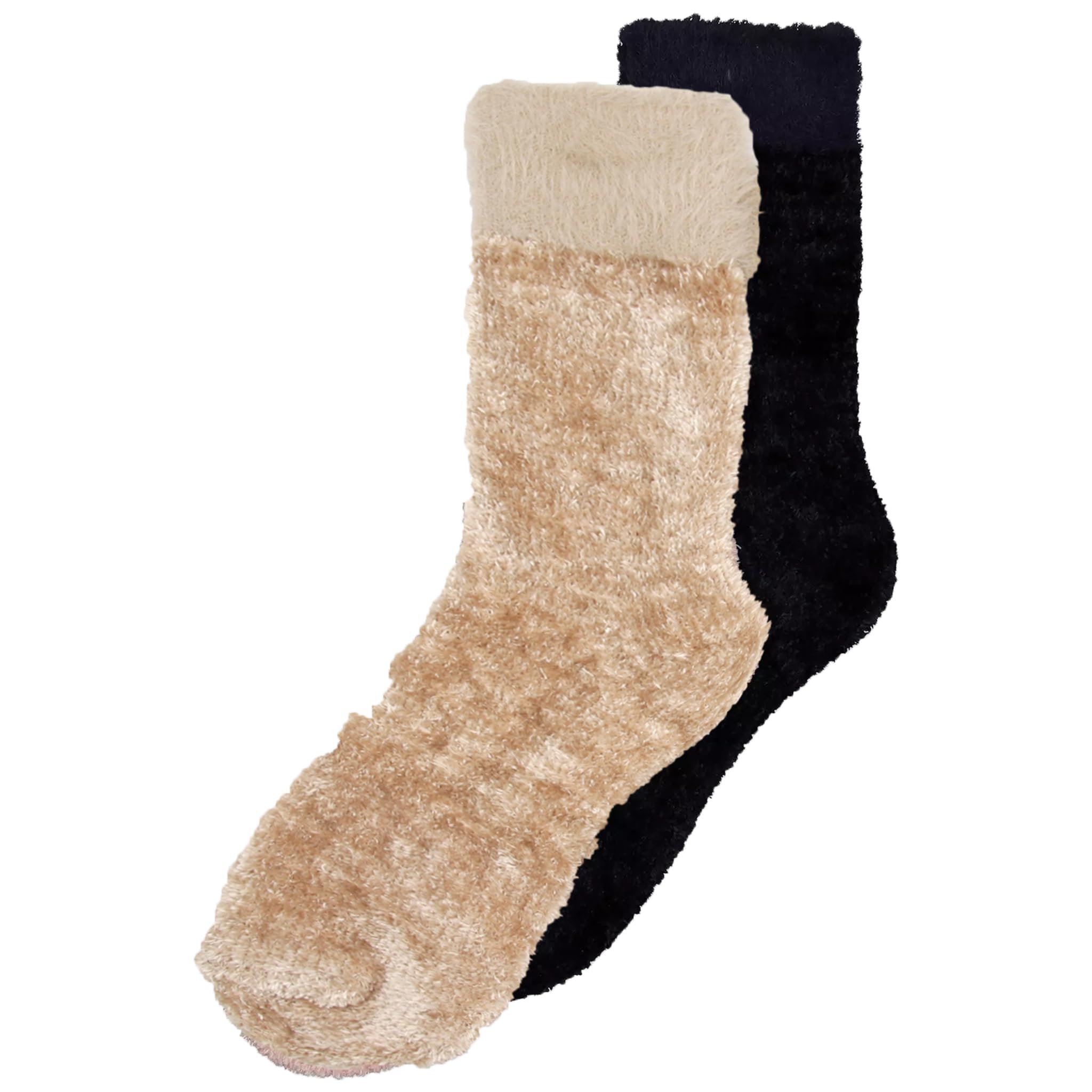 Heat Machine Women's Black & Mocha Brown 2 Pair Chenille Cosy Socks – Soft Fluffy Lounge Bed Socks Gift Set Stay-Up Cuffs (Uk, Numeric, 4, 8, Regular, Regular, )