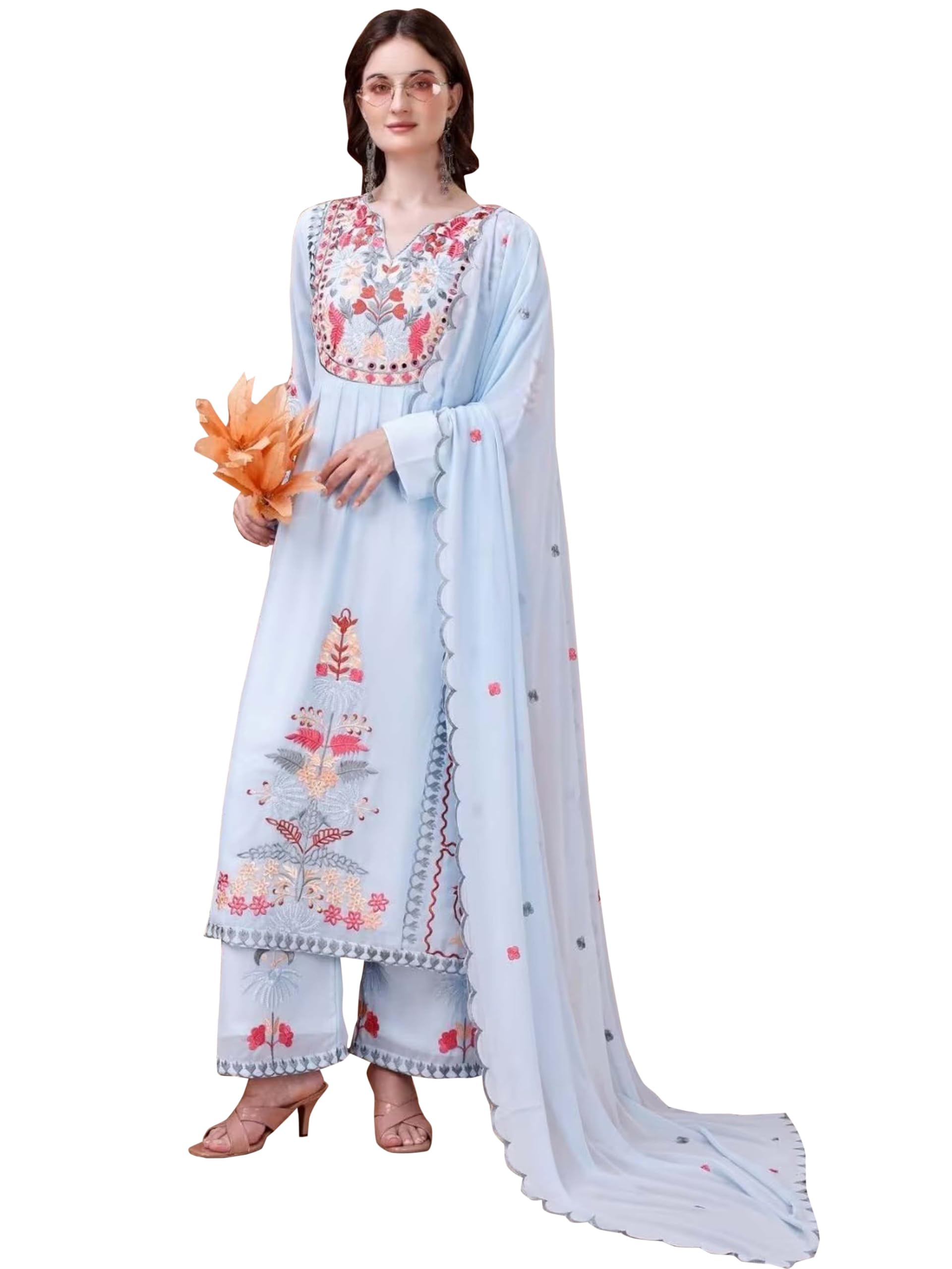 Fashion Basket Georgette Straight Floral Plazzo Kurta Set Sky Blue