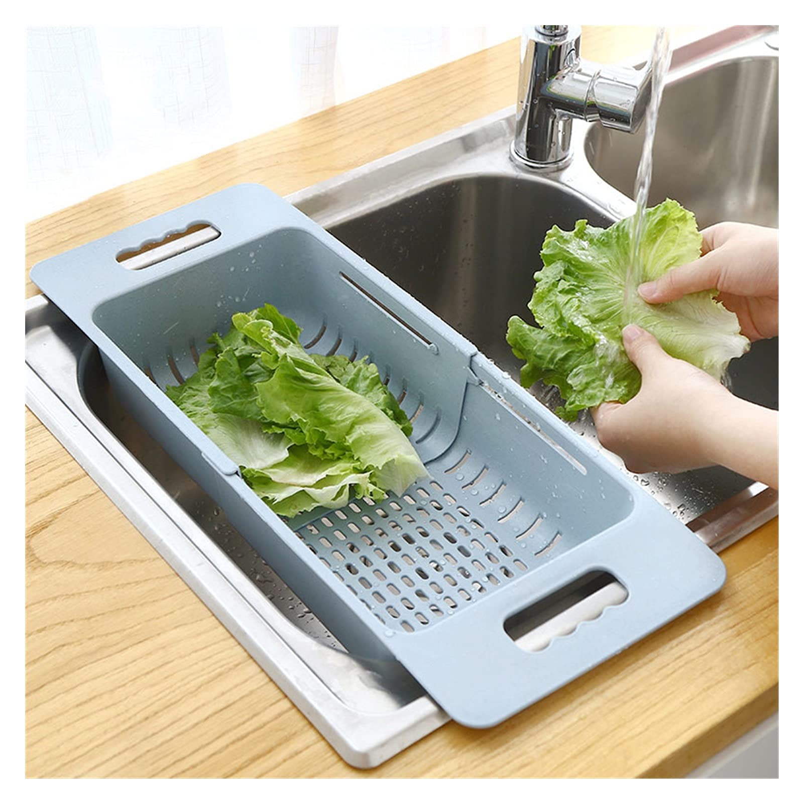 Colador Drenaje Cesta de Vegetales Colapsibles Colador Frutas y Verduras Cesta de Drenaje Stradero Ajustable sobre el Fregadero para la Cocina Coladores de Alimentos (Color : Blue)