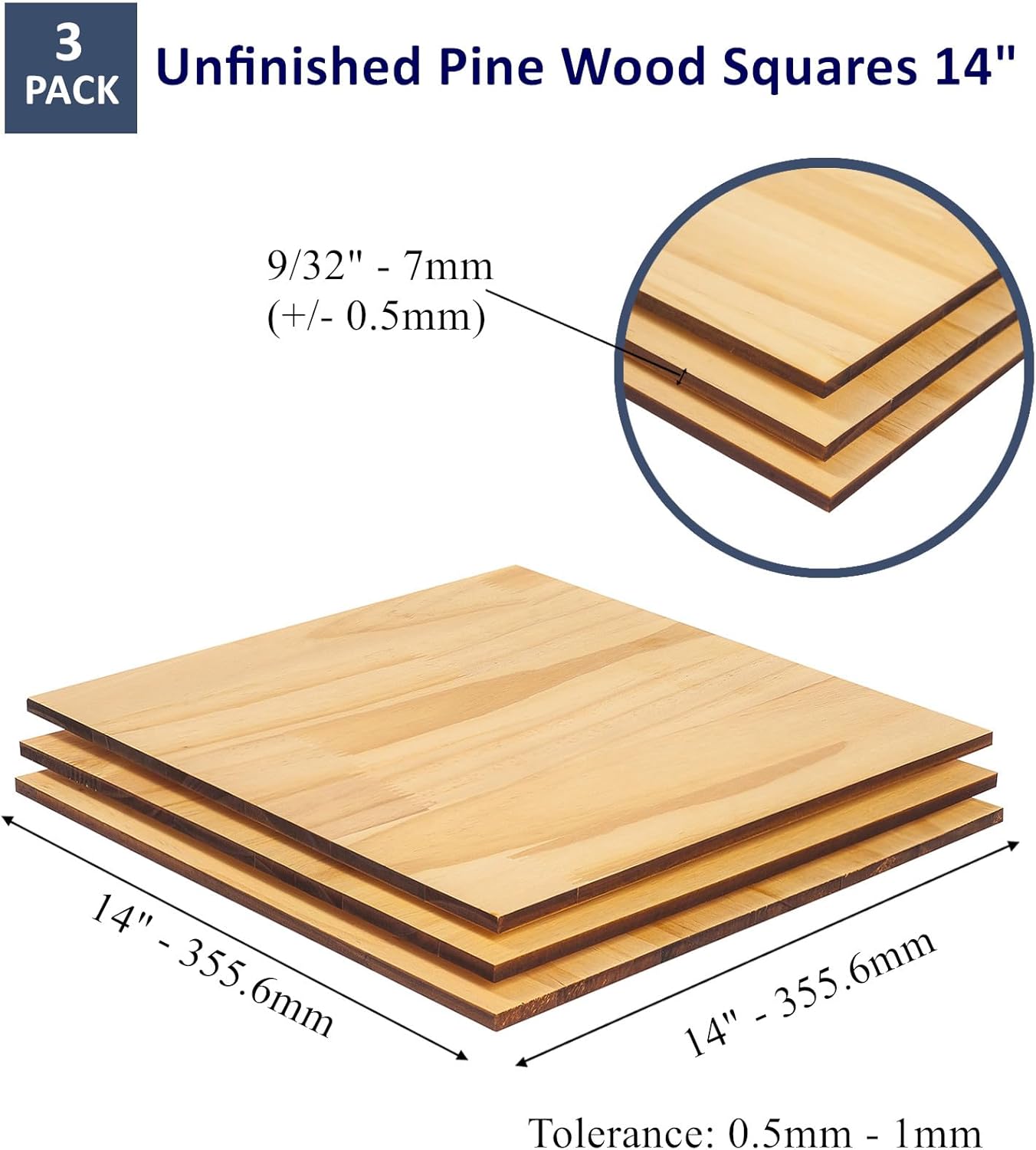 Artificer Pine Wood Sheets, 14x14 Inch 3 Pack 7 mm Thick Unfinished Wood Squares Boards for Crafts Wooden Canvas Panels for Painting and DIY Projects, Cutting, CNC Carving, Wood Burning