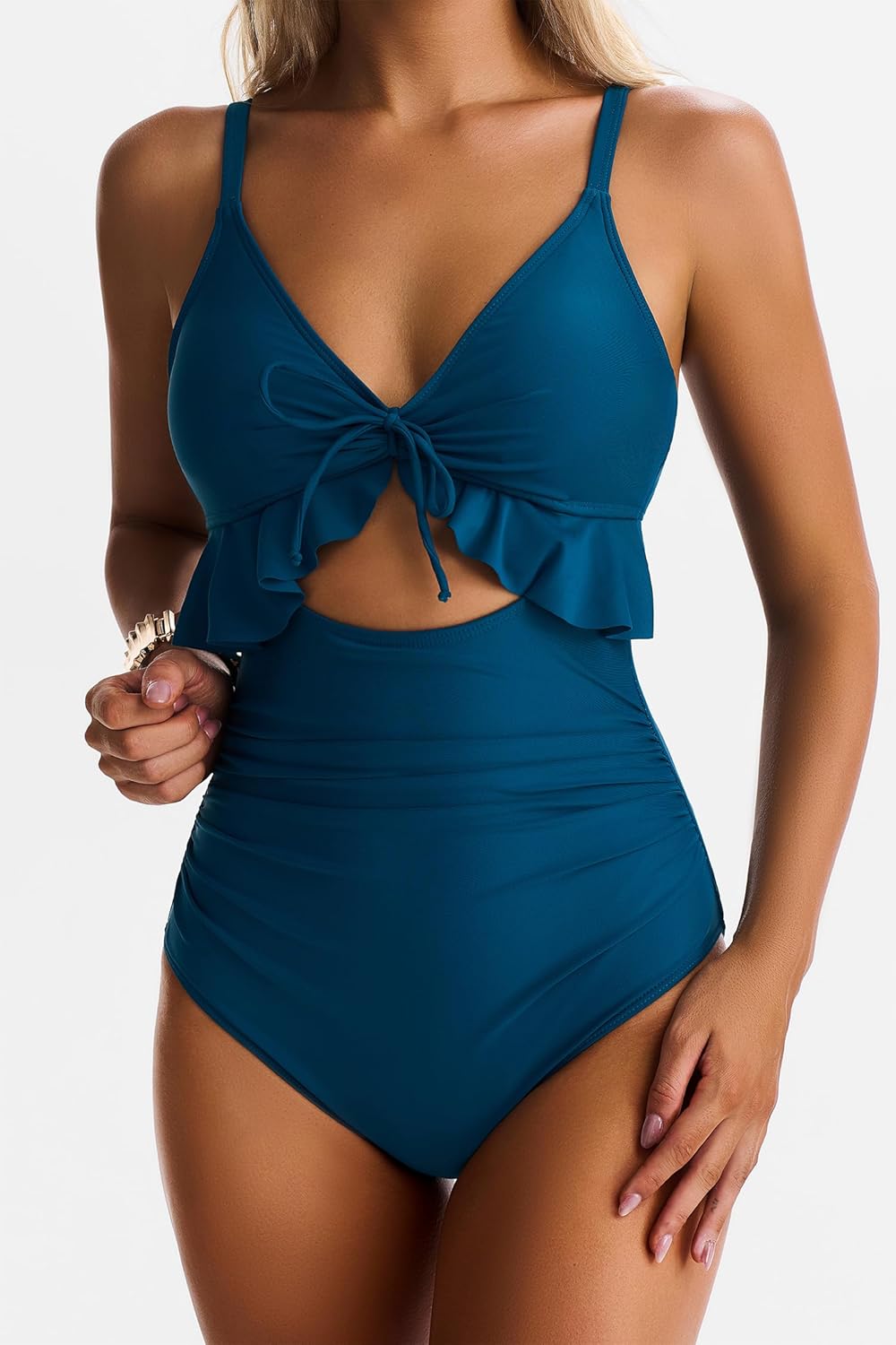 Women One Piece Swimsuit Tummy Control Ruffle Bathing Suit Cutout V Neck Swim Suit Ruched Slimming Swimwear - Image 2