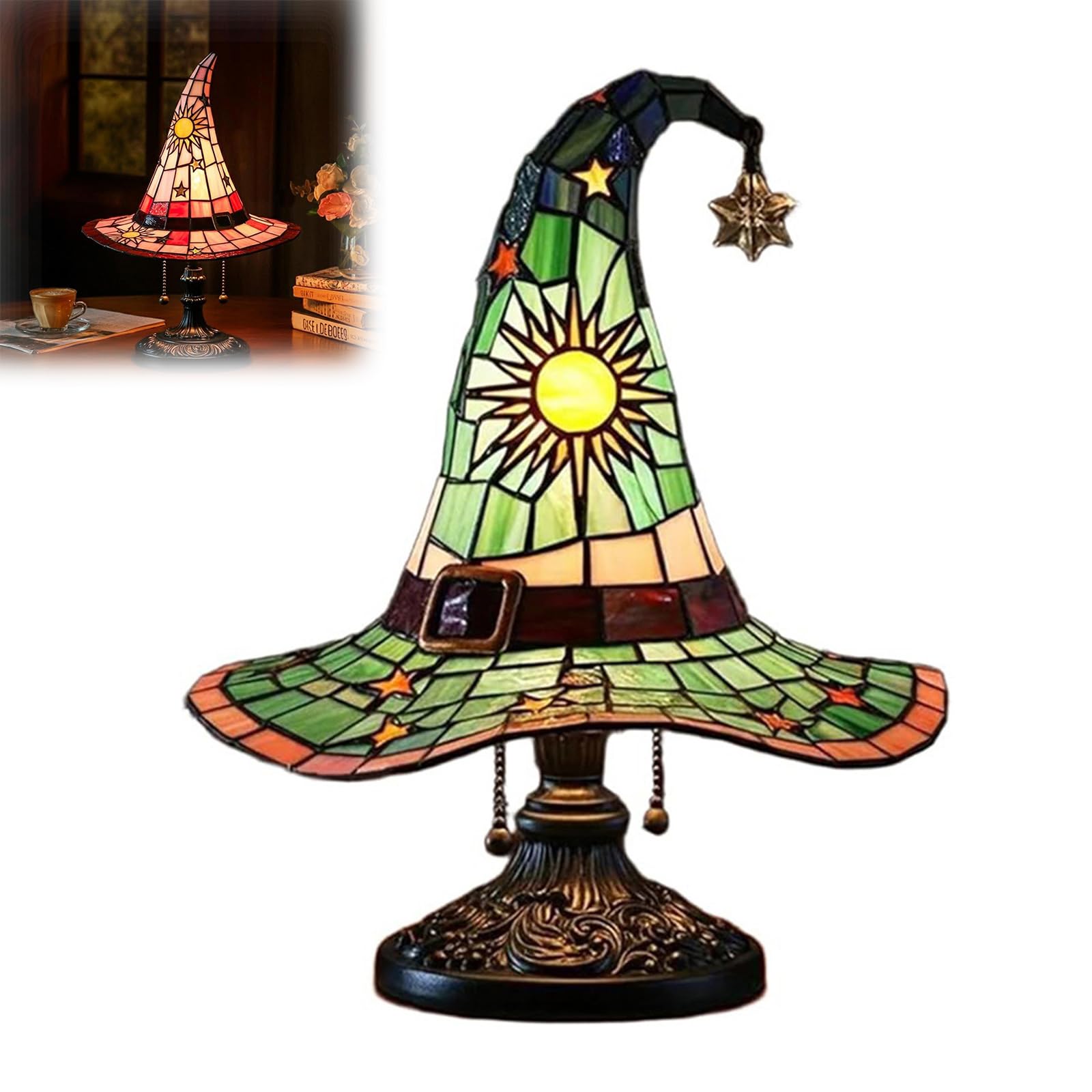 DR.AF Witch Hat Lamp, Handcrafted Retro Resin Witches Hat Lamp with USB Cable, Gothic Wizard Night Light, Halloween Decor Accent Witch Lamp for Bedroom, Bookshelf, Desk & UK Home Green