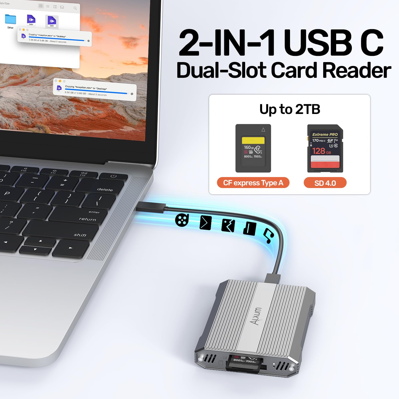 Alxum 10 Gb/s CFexpress typ A i SD4.0 UHS-II na czytnik kart USB-C | Obsługuje wymianę danych między dwiema kartami, obsługuje CFExpress Type A/SD/SDHC/SDXC/SDUC, aluminium