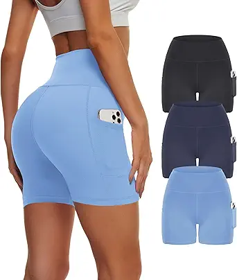 3 Pack Biker Yoga Shorts with Pockets for Women, High Waist Tummy Control Workout Running Gym