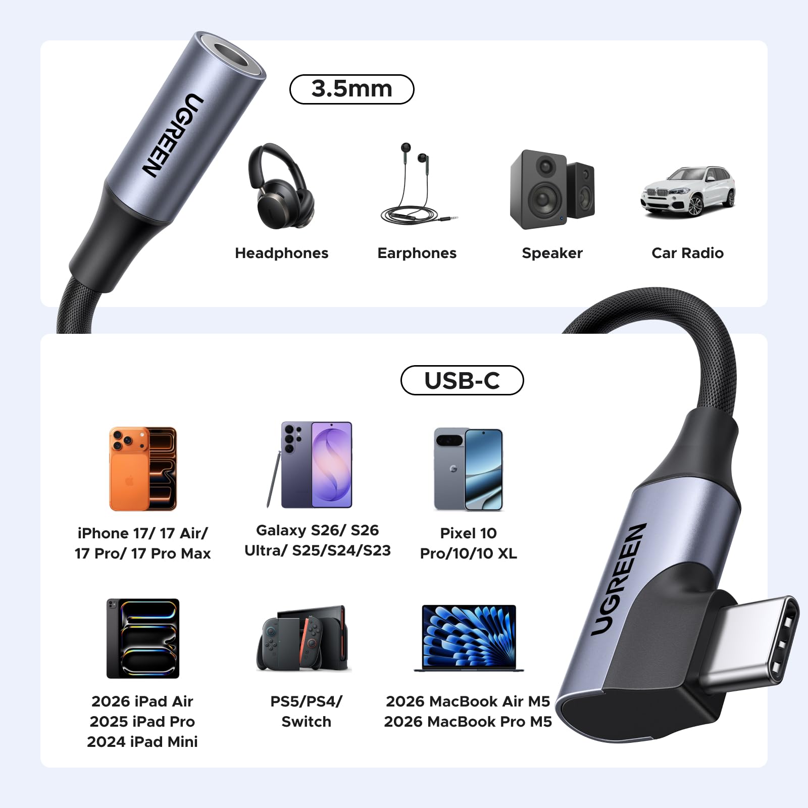UGREEN – adapter USB-C na wtyk jack 3,5 mm pod kątem 90 stopni, adapter USB-C na słuchawki 3,5 mm z układem DAC, kompatybilny z iPhone'em 17 serią Galaxy S 25, iPadem i komputerami Mac | z chipem DAC, kompatybilny z iPhone 17/17 Air/17 Pro/17 Pro Max, ser