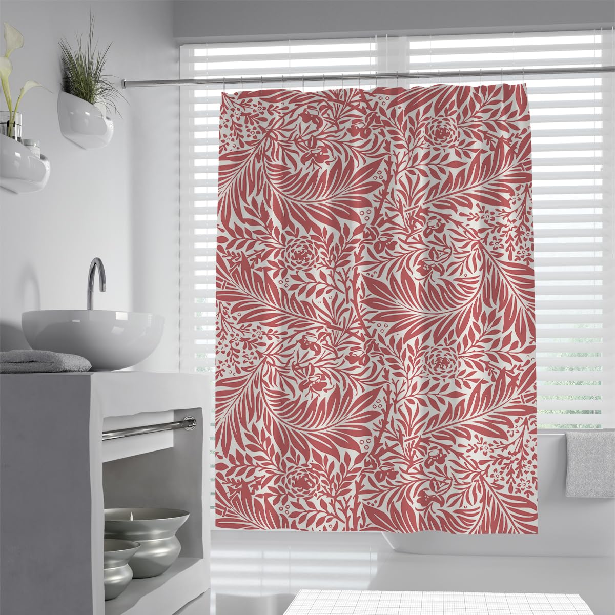 Rideaux Douche Rouge et crème Motifs Floraux et Fruits décoration Salle Bain Rideau Bain en Tissu Polyester étanche Classique et Romantique avec Crochets W150xL200 cm