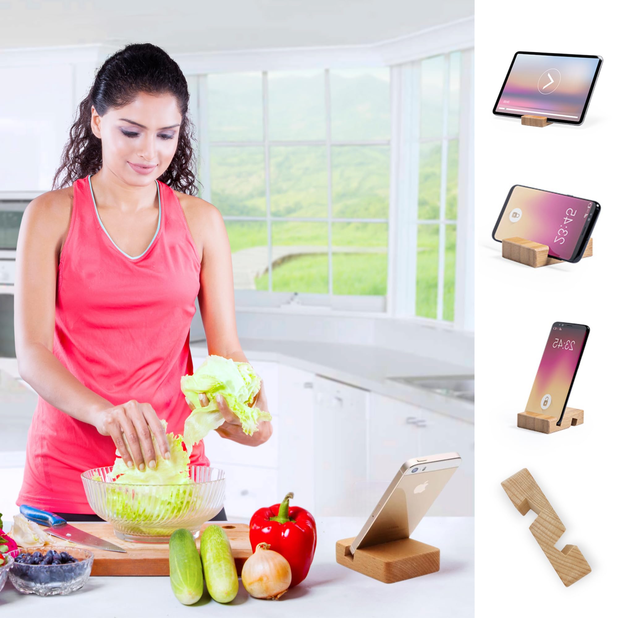 Porta Cellulare Universale da Tavolo in Legno Supporto per Smartphone Doppia Scanalatura per iPhone iPad
