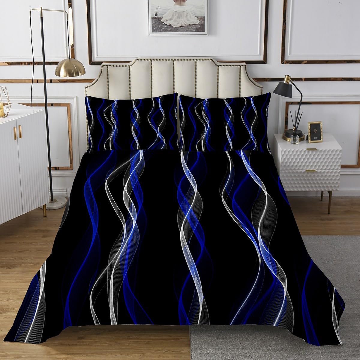 Set Copriletto Trapuntato Astratto In Microfibra – Nero E Blu, Taglie Singola, Matrimoniale E King, Stampa 3D, Leggero E Traspirante