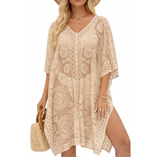 Saída de praia feminina para praia, piscina, renda, gola V, saída de praia