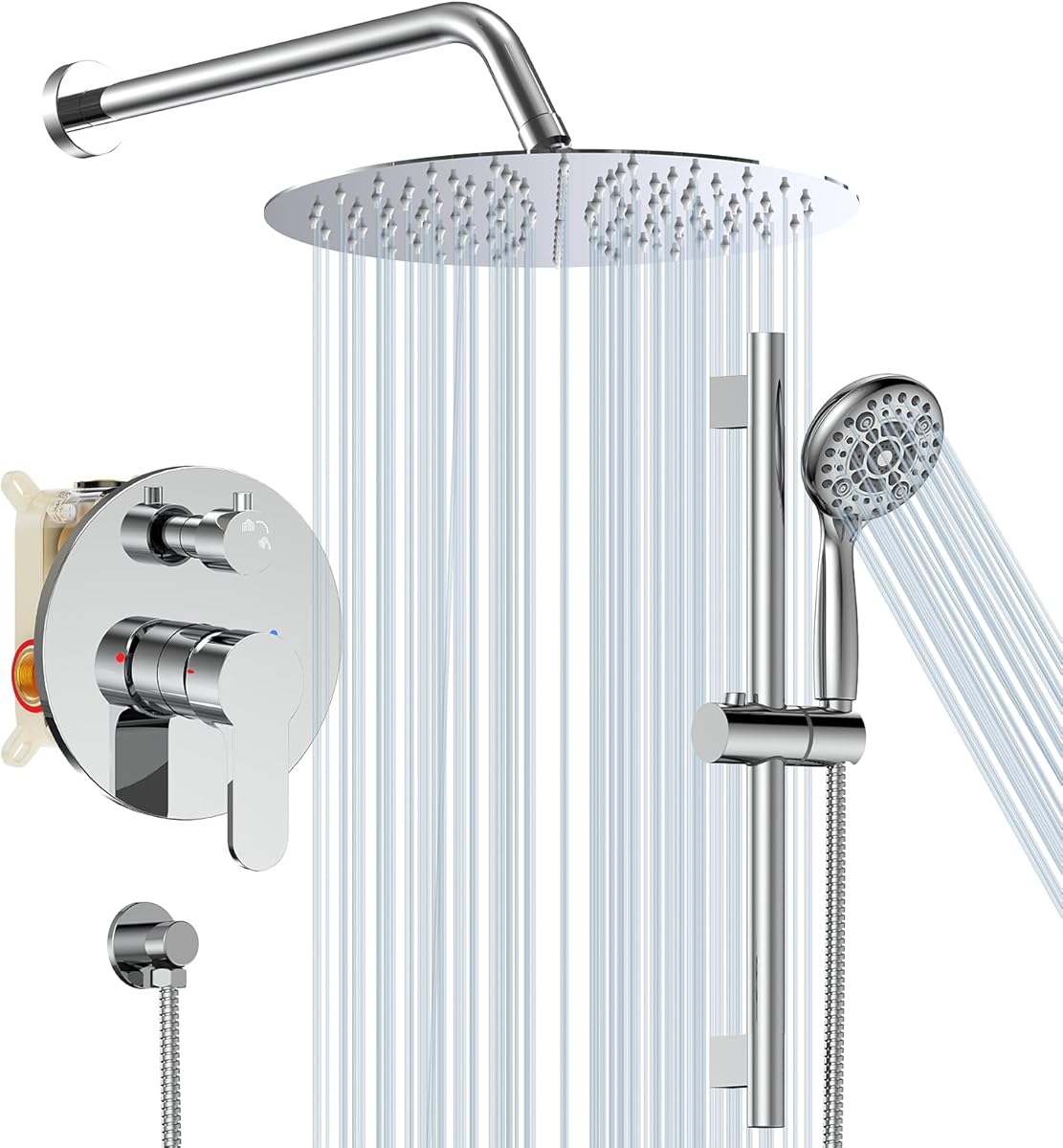 Shower System, SR SUN RISE 3-Function Round Shower Faucet with Adjustable Shower Slide Bar and 6-Setting Handheld Shower Head, 12 Inch Wall Mounted Shower Set with Valve for Bathroom, Polished Chrome