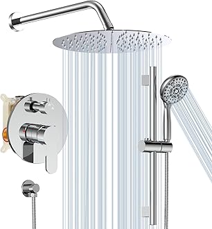 SR SUN RISE 12 Inch Shower System, Slide Bar Shower Faucets Sets Complete Round Shower Heads and 6-Spray Handheld Combo, Wall Mounted Dual Shower Set Included Valve and Trim Kit, Polished Chrome